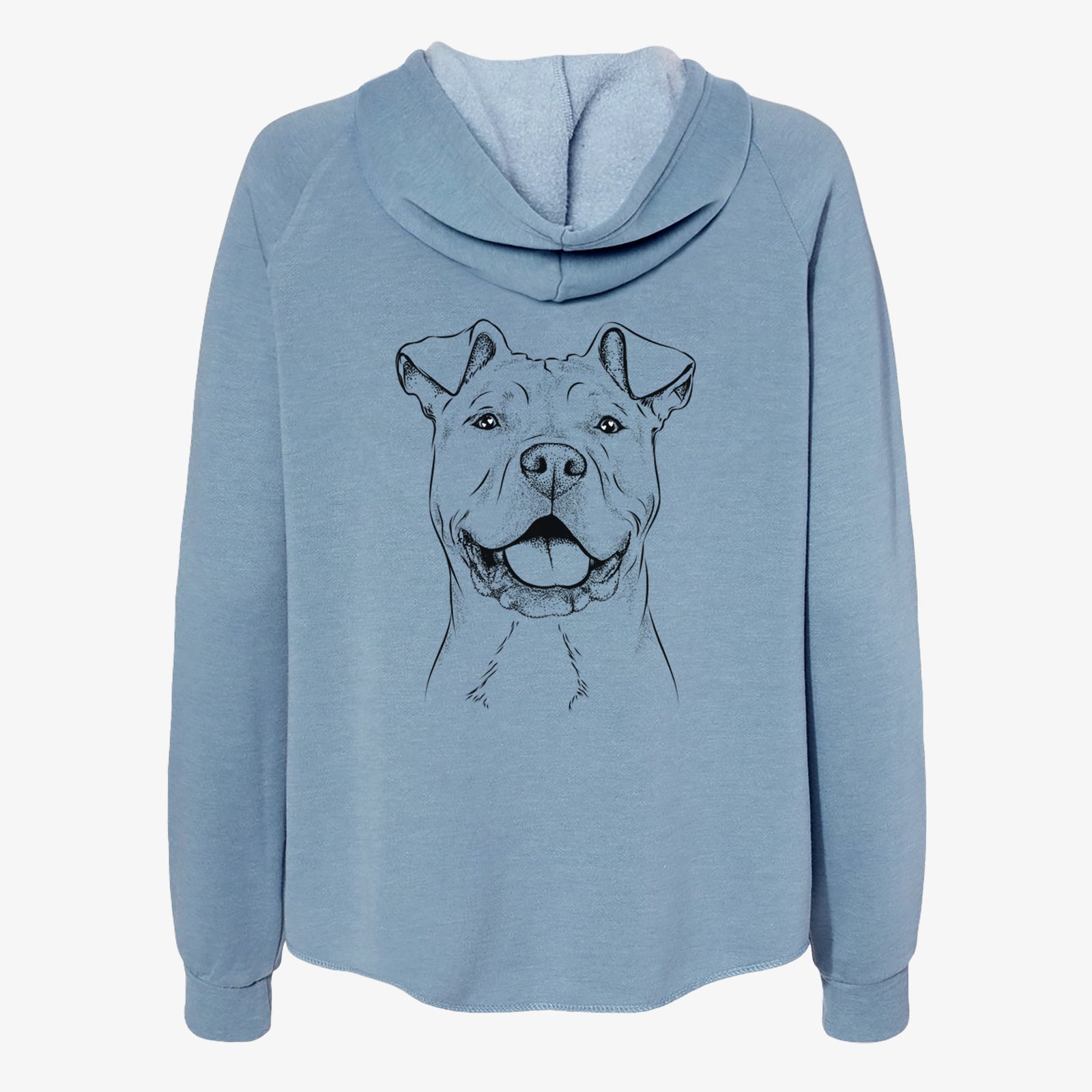 Hand-drawn sketch of Bubba Scraps the American Staffordshire Mix on a Misty Blue Women's cali wave zip-up sweatshirt