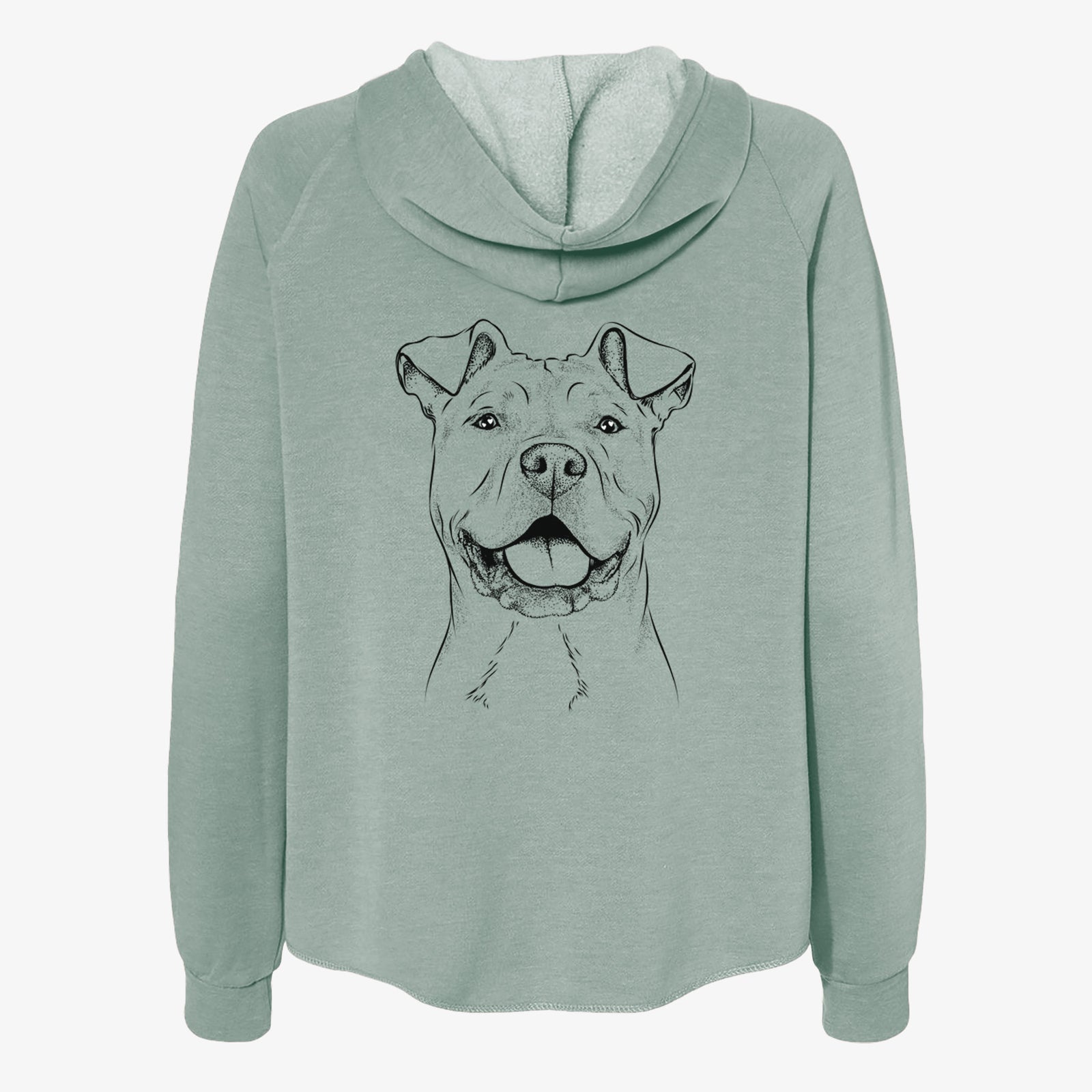 Hand-drawn sketch of Bubba Scraps the American Staffordshire Mix on a Sage Women's cali wave zip-up sweatshirt