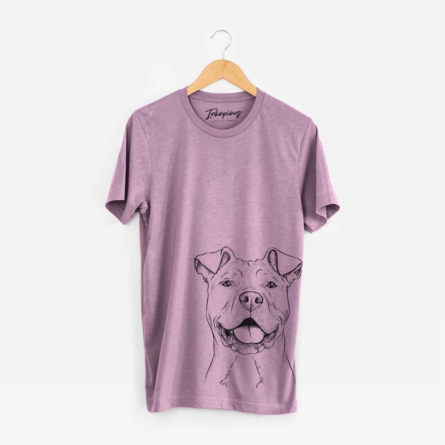 Hand-drawn sketch of Bubba Scraps the AmStaff Mix on an Orchid Bella Canvas Unisex Crewneck