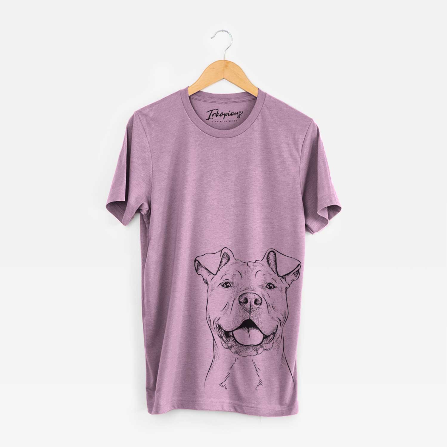 Hand-drawn sketch of Bubba Scraps the American Staffordshire Mix on an Orchid Unisex crewneck