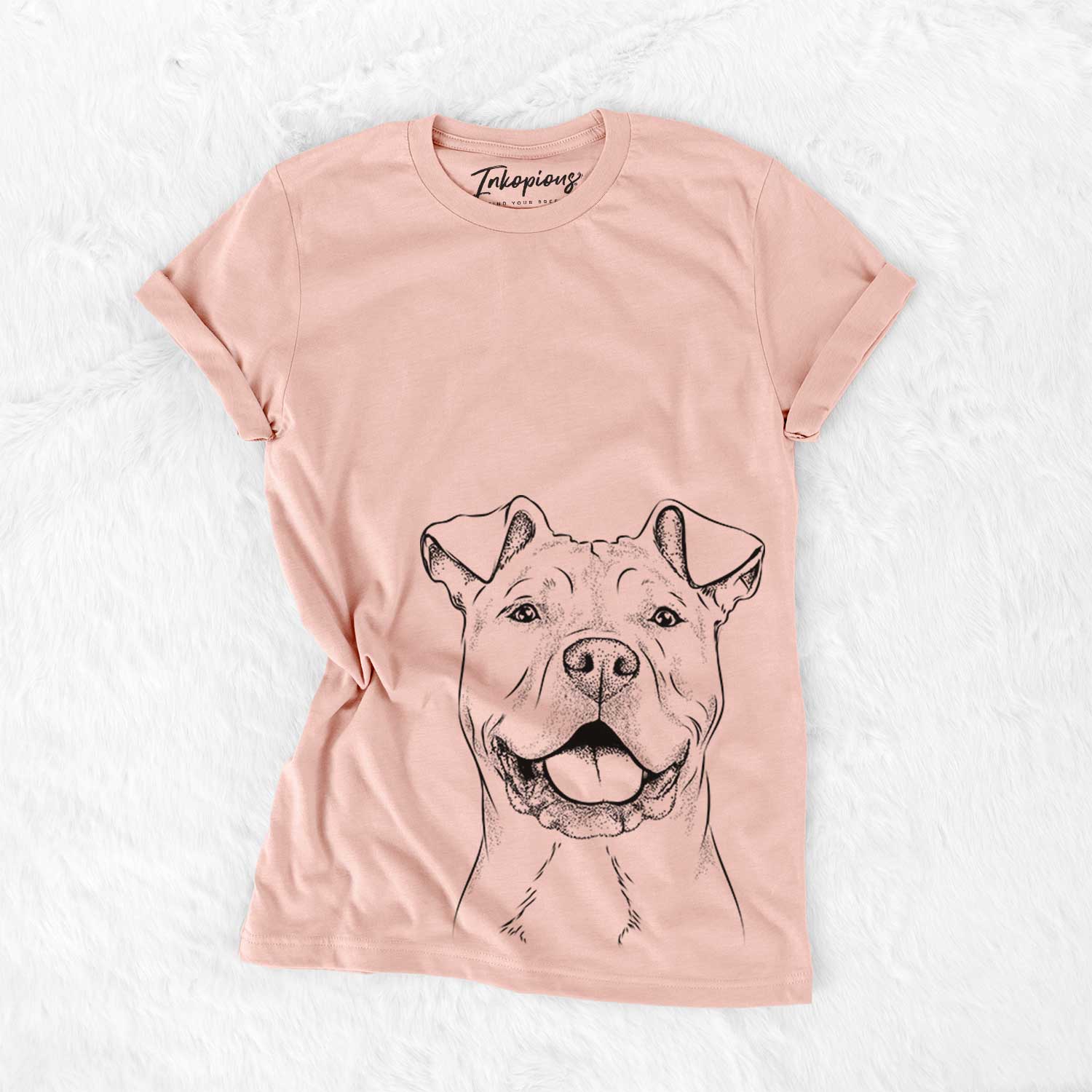 Hand-drawn sketch of Bubba Scraps the AmStaff Mix on a Peach Bella Canvas Unisex Crewneck