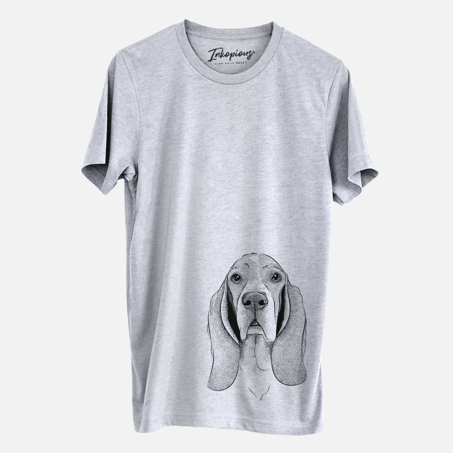 Hand-drawn sketch of Buckley the Basset Hound on a Grey Unisex crewneck