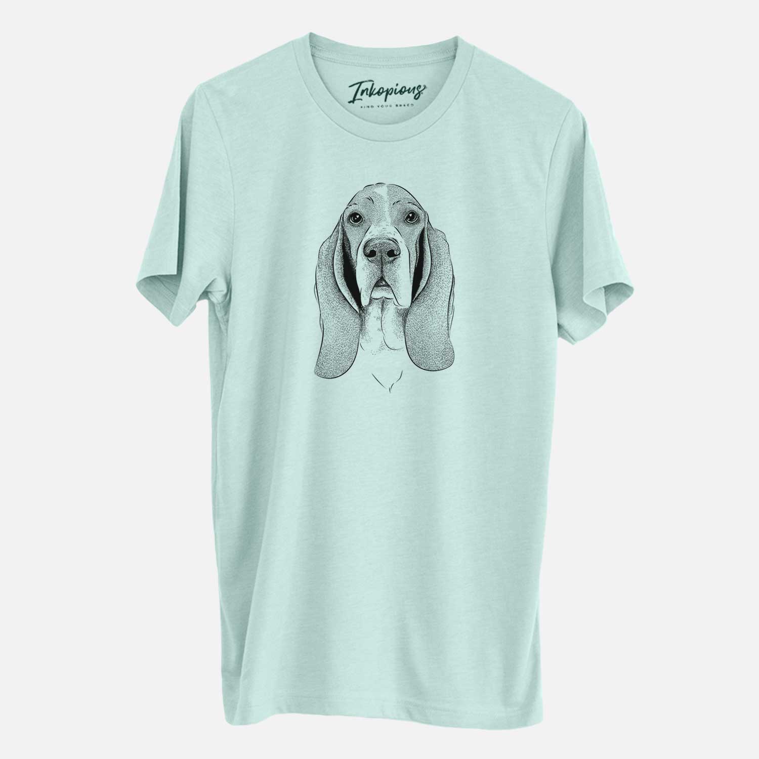 Hand-drawn sketch of Buckley the Basset Hound on a Heather Sage Unisex crewneck