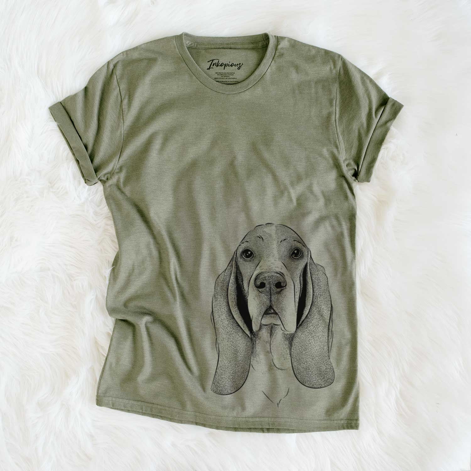 Hand-drawn sketch of Buckley the Basset Hound on an Olive Unisex crewneck