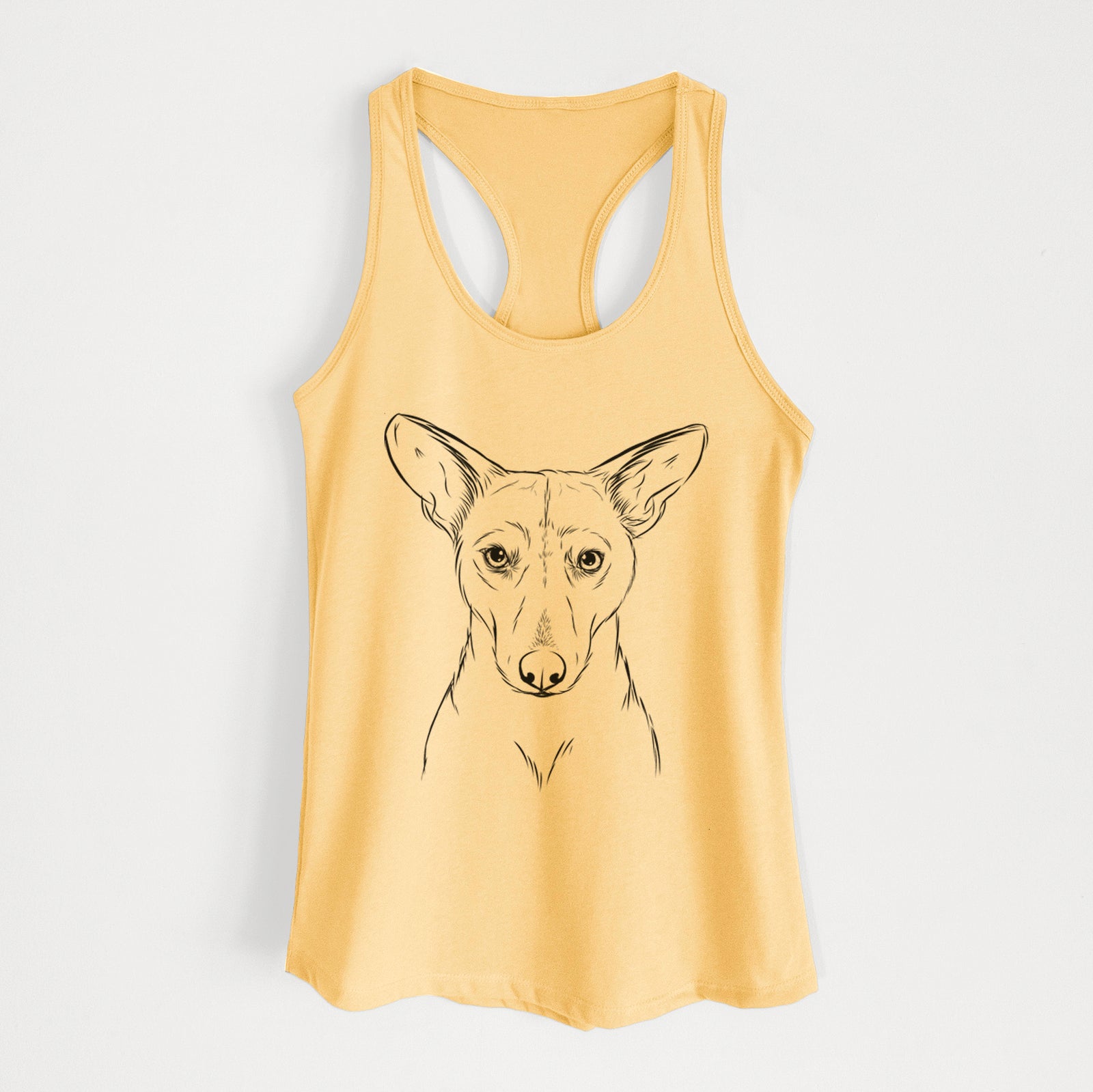 Hand-drawn sketch of Buff the Dorgi on a Banana Cream Women's racerback tanktop