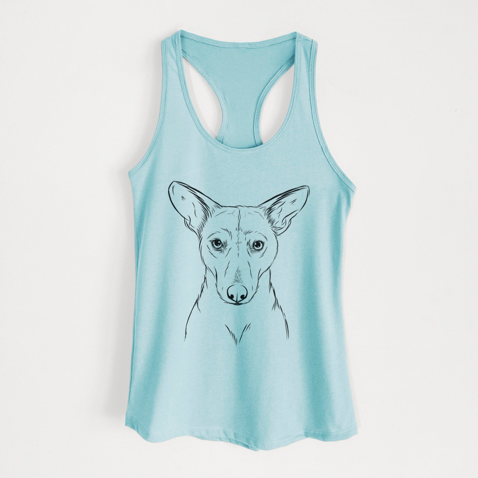 Hand-drawn sketch of Buff the Dorgi on a Cancun Blue Women's racerback tanktop