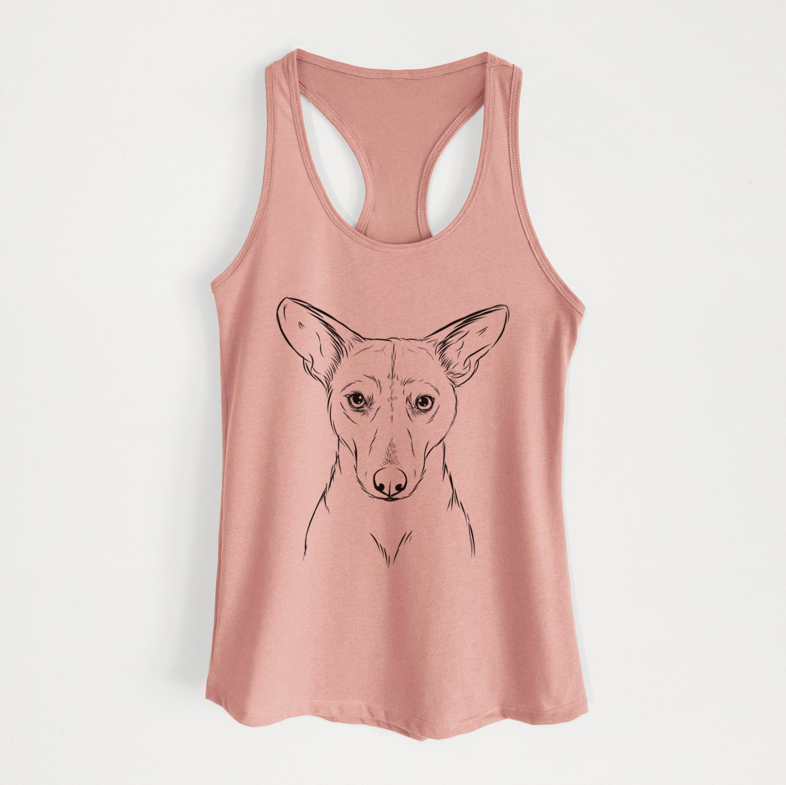 Hand-drawn sketch of Buff the Dorgi on a Desert Pink Women's racerback tanktop