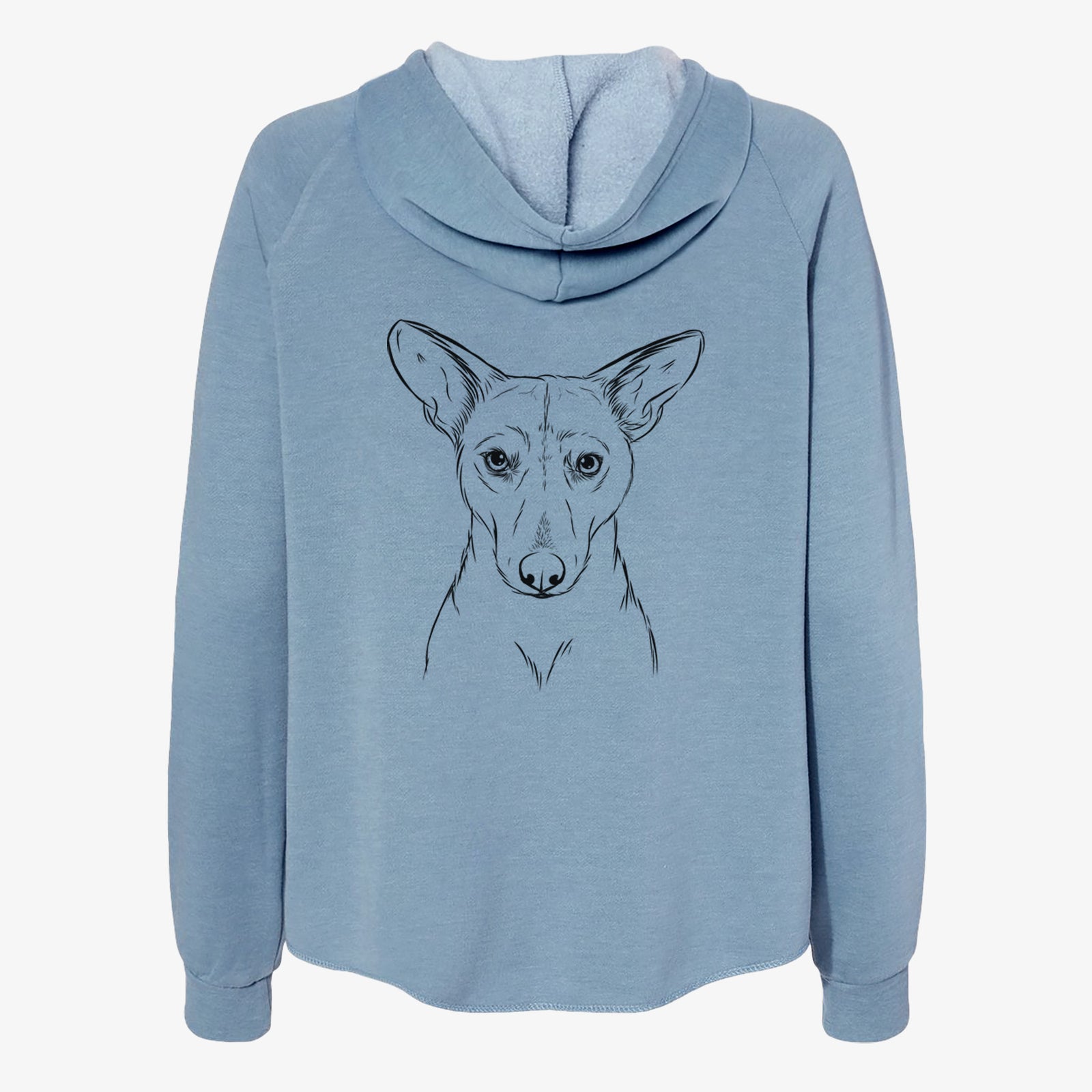 Hand-drawn sketch of Buff the Dorgi on a Misty Blue Women's cali wave zip-up sweatshirt