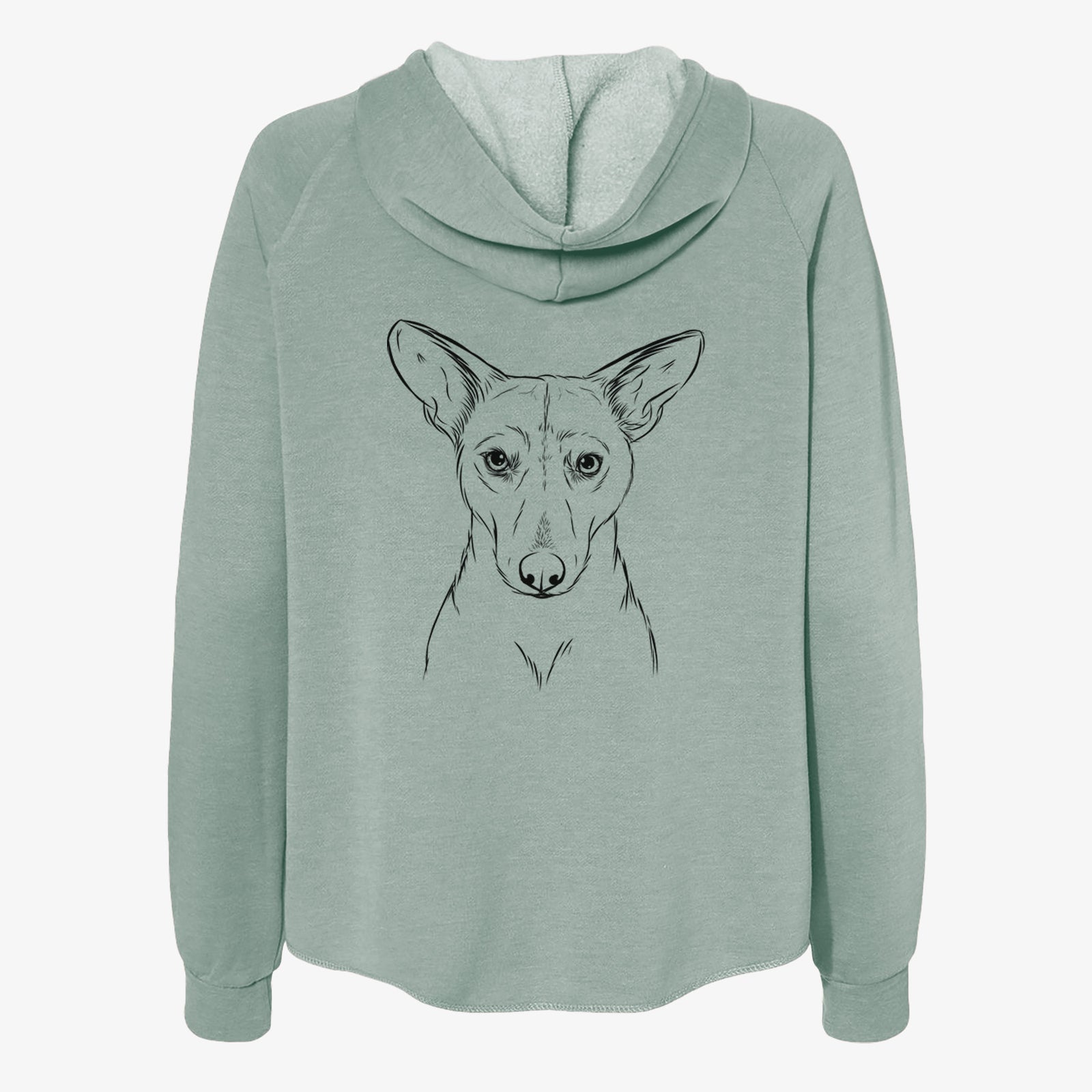 Hand-drawn sketch of Buff the Dorgi on a Sage Women's cali wave zip-up sweatshirt