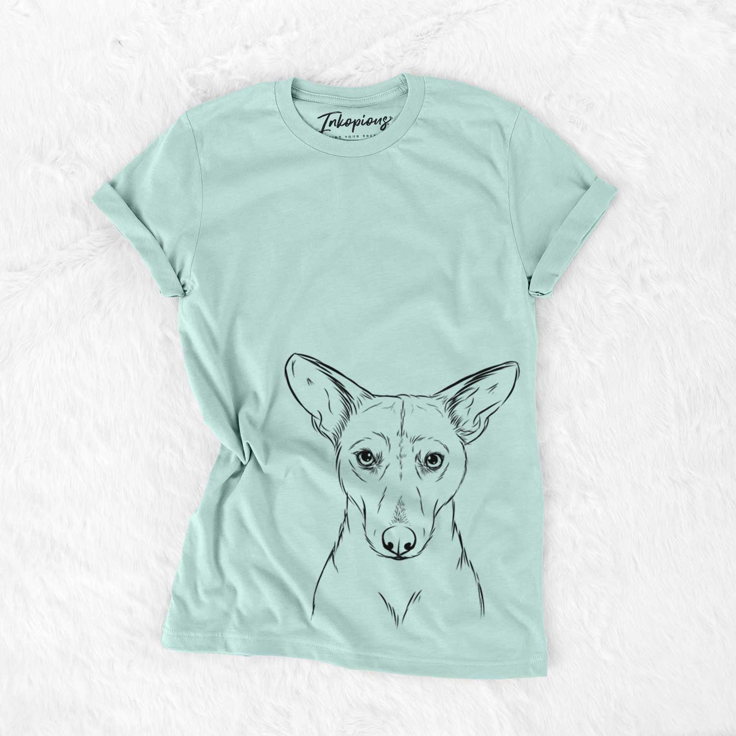 Hand-drawn sketch of Buff the Dorgi on a Heather Sage Unisex crewneck
