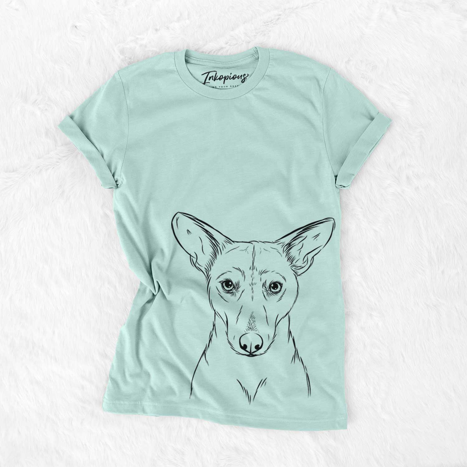Hand-drawn sketch of Buff the Dorgi on a Heather Sage Bella Canvas Unisex Crewneck