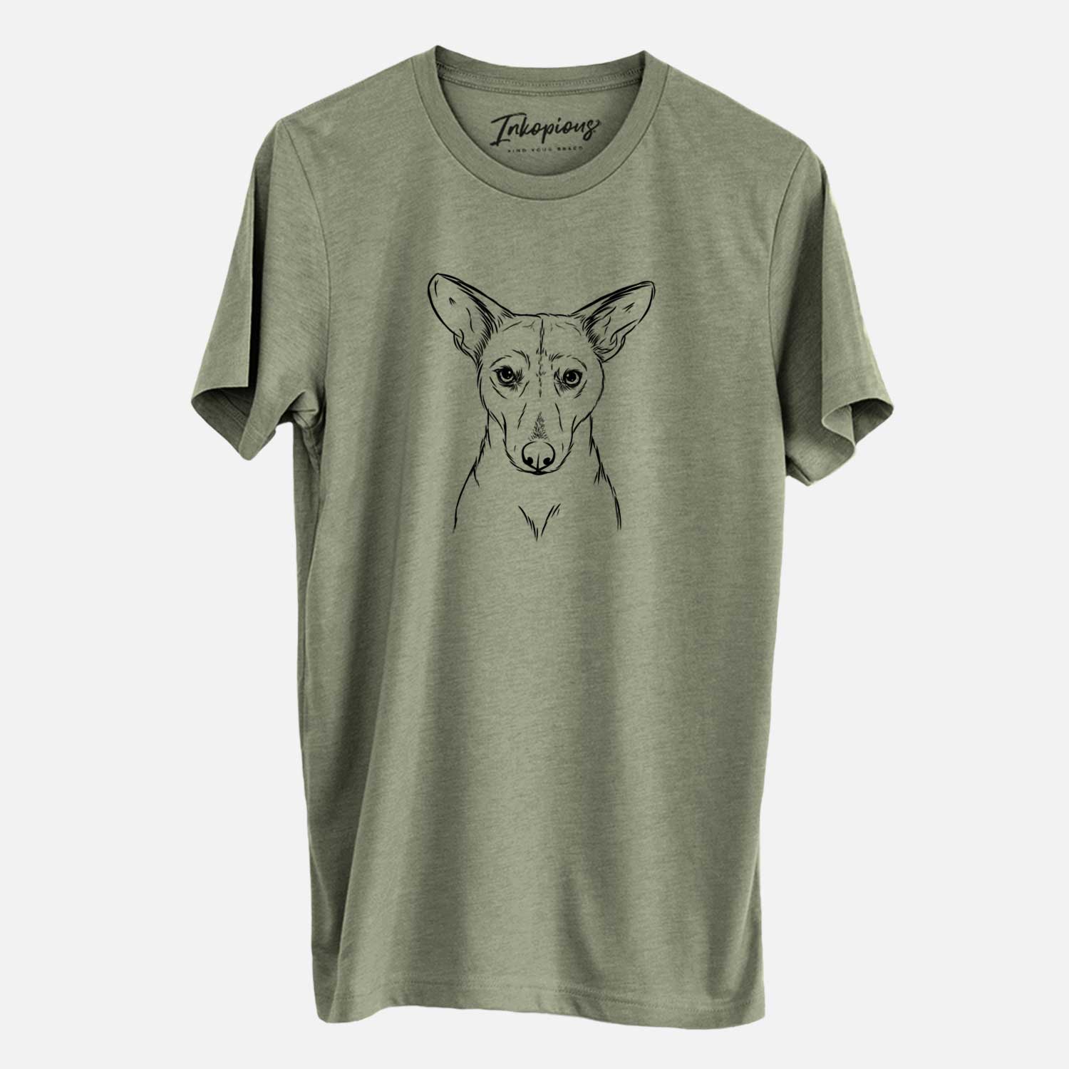 Hand-drawn sketch of Buff the Dorgi on an Olive Unisex crewneck