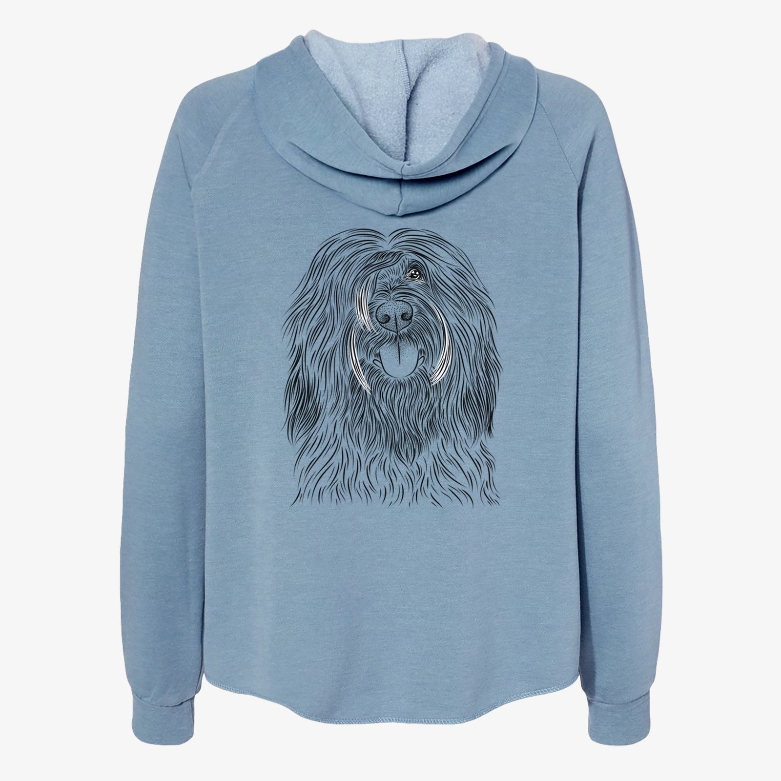 Hand-drawn sketch of Bundy the Briard on a Misty Blue Women's cali wave zip-up sweatshirt