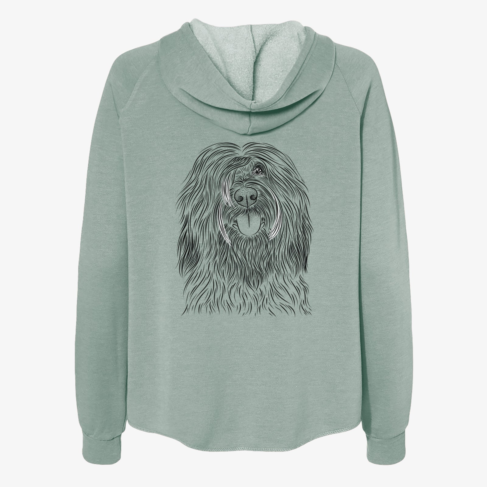 Hand-drawn sketch of Bundy the Briard on a Sage Women's cali wave zip-up sweatshirt