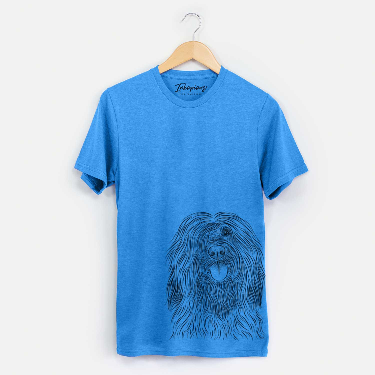 Hand-drawn sketch of Bundy the Briard on a Blue Unisex crewneck