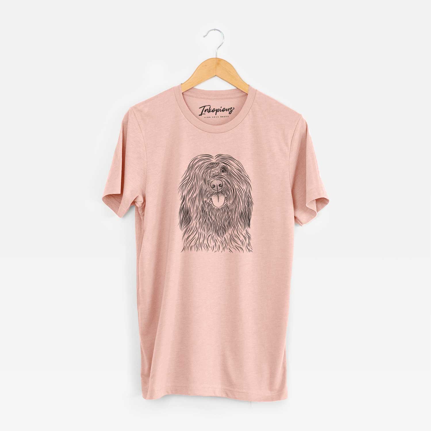 Hand-drawn sketch of Bundy the Briard on a Peach Unisex crewneck