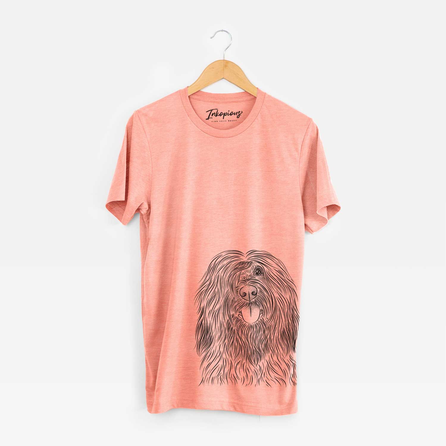 Hand-drawn sketch of Bundy the Briard on a Sunset Unisex crewneck