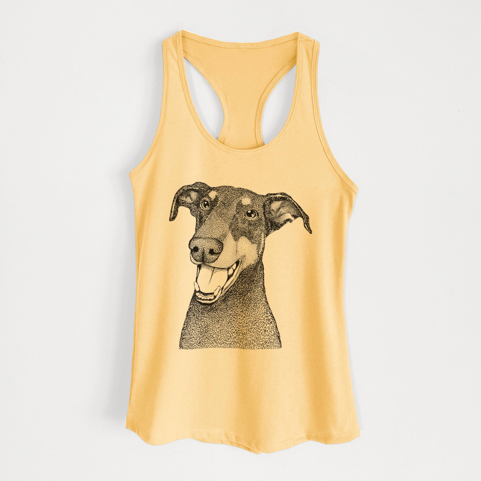Hand-drawn sketch of Bunnie the Doberman Pinscher on a Banana Cream Women's racerback tanktop