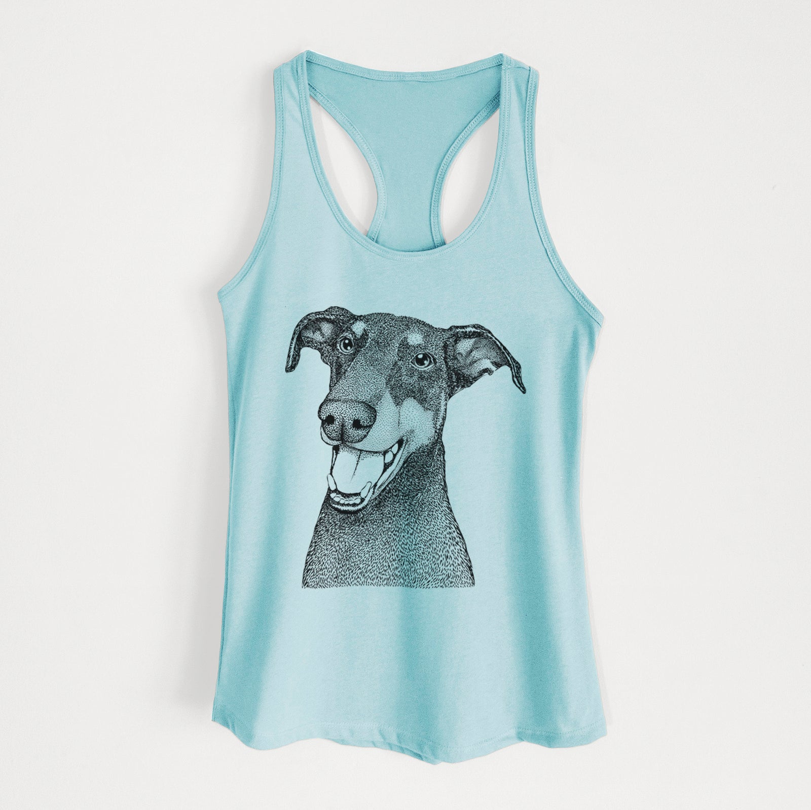 Hand-drawn sketch of Bunnie the Doberman Pinscher on a Cancun Blue Women's racerback tanktop