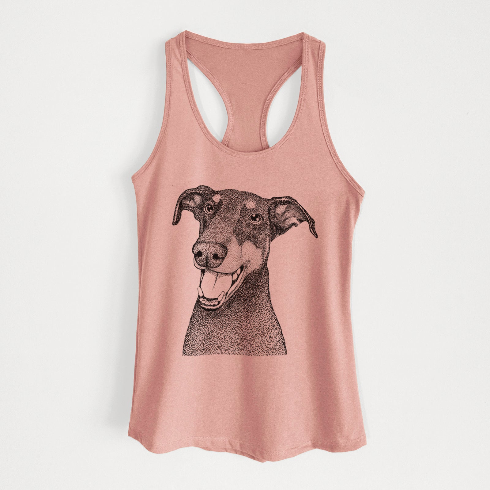 Hand-drawn sketch of Bunnie the Doberman Pinscher on a Desert Pink Women's racerback tanktop