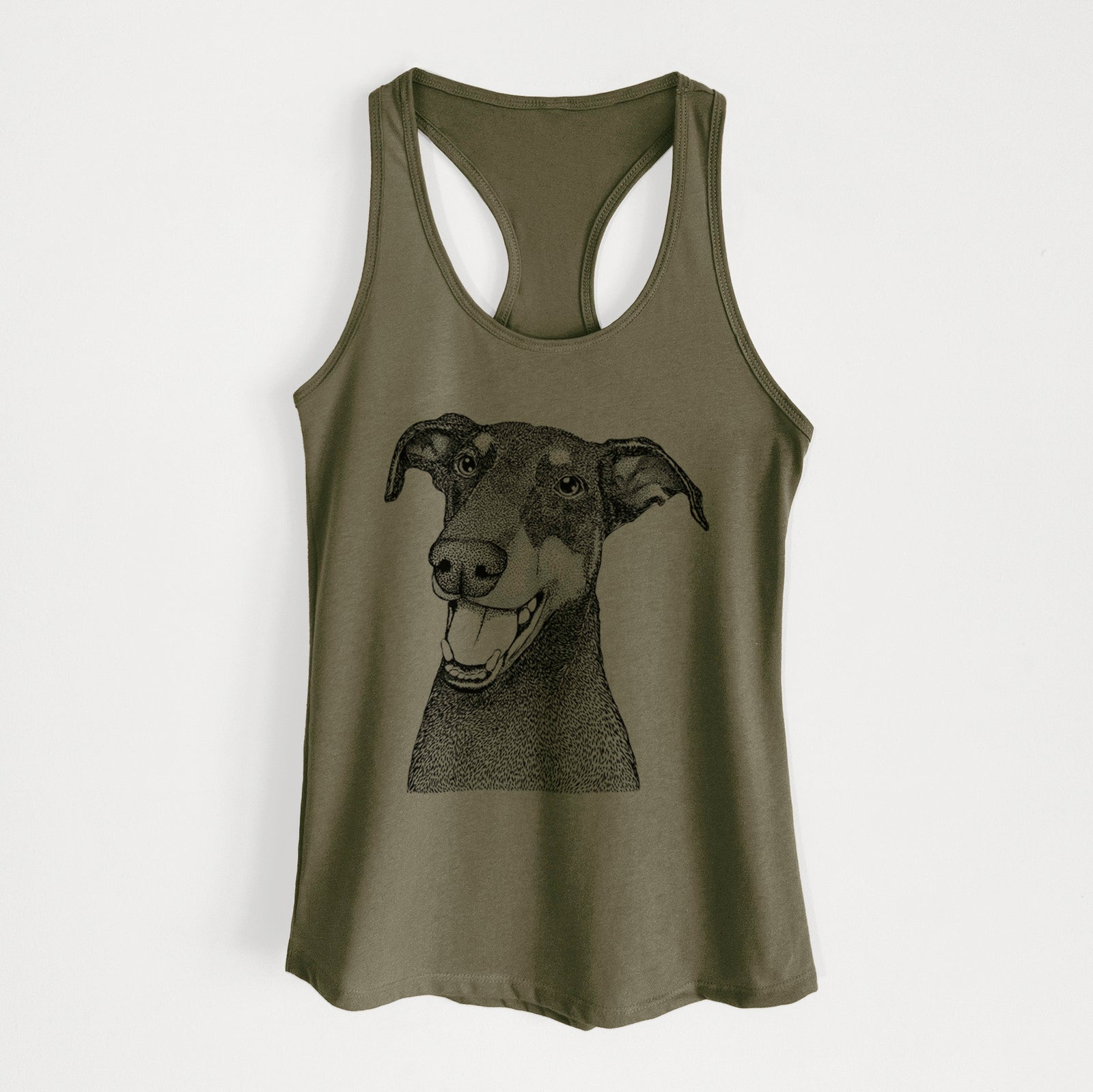 Hand-drawn sketch of Bunnie the Doberman Pinscher on a Military Green Women's racerback tanktop