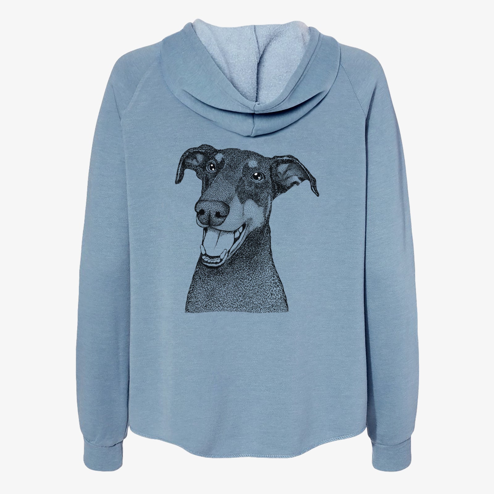 Hand-drawn sketch of Bunnie the Doberman Pinscher on a Misty Blue Women's cali wave zip-up sweatshirt