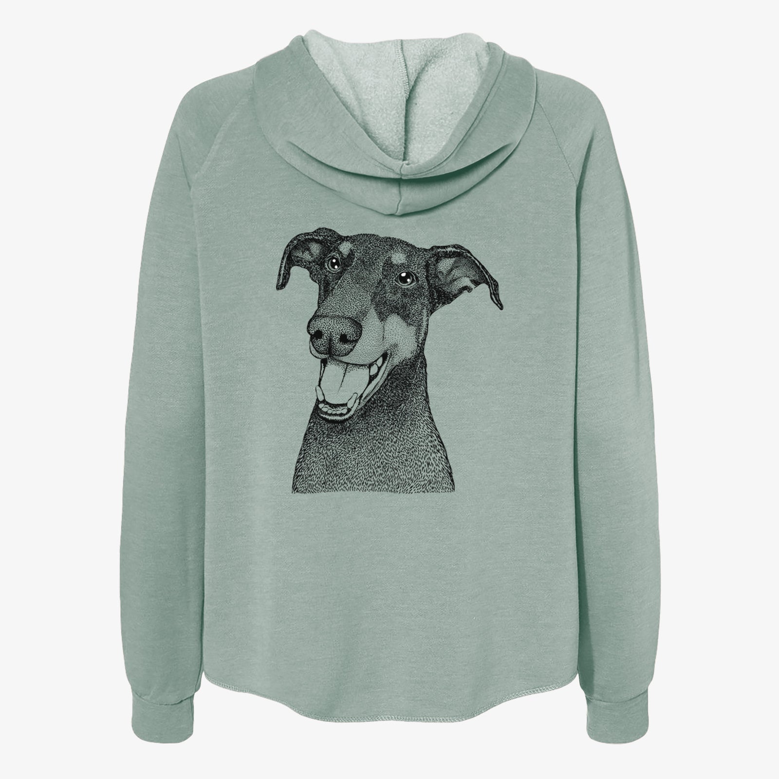 Hand-drawn sketch of Bunnie the Doberman Pinscher on a Sage Women's cali wave zip-up sweatshirt