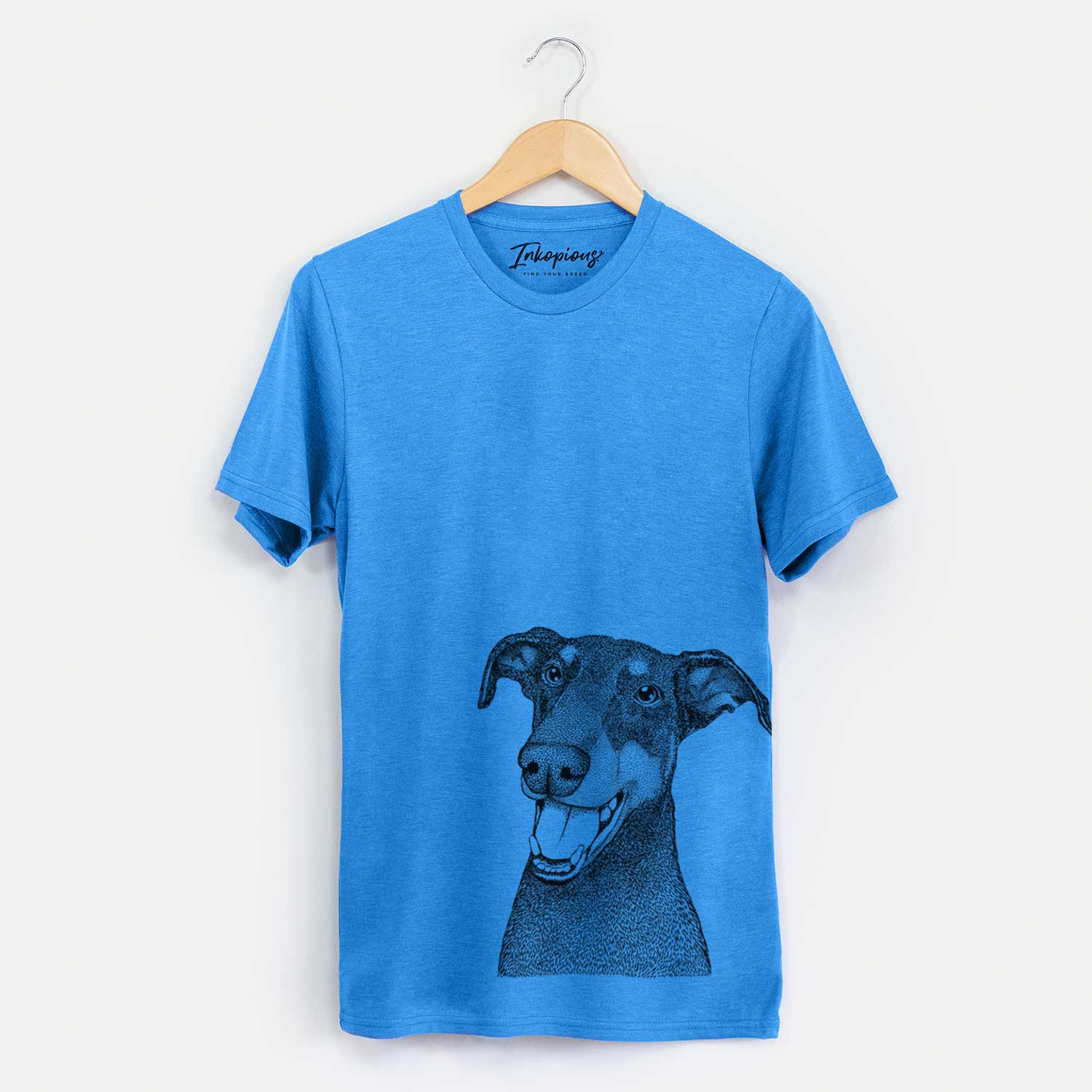 Hand-drawn sketch of Bunnie the Doberman Pinscher on a Blue Unisex crewneck