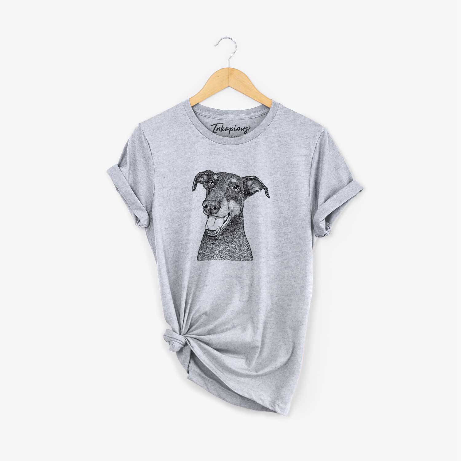 Hand-drawn sketch of Bunnie the Doberman Pinscher on a Grey Unisex crewneck