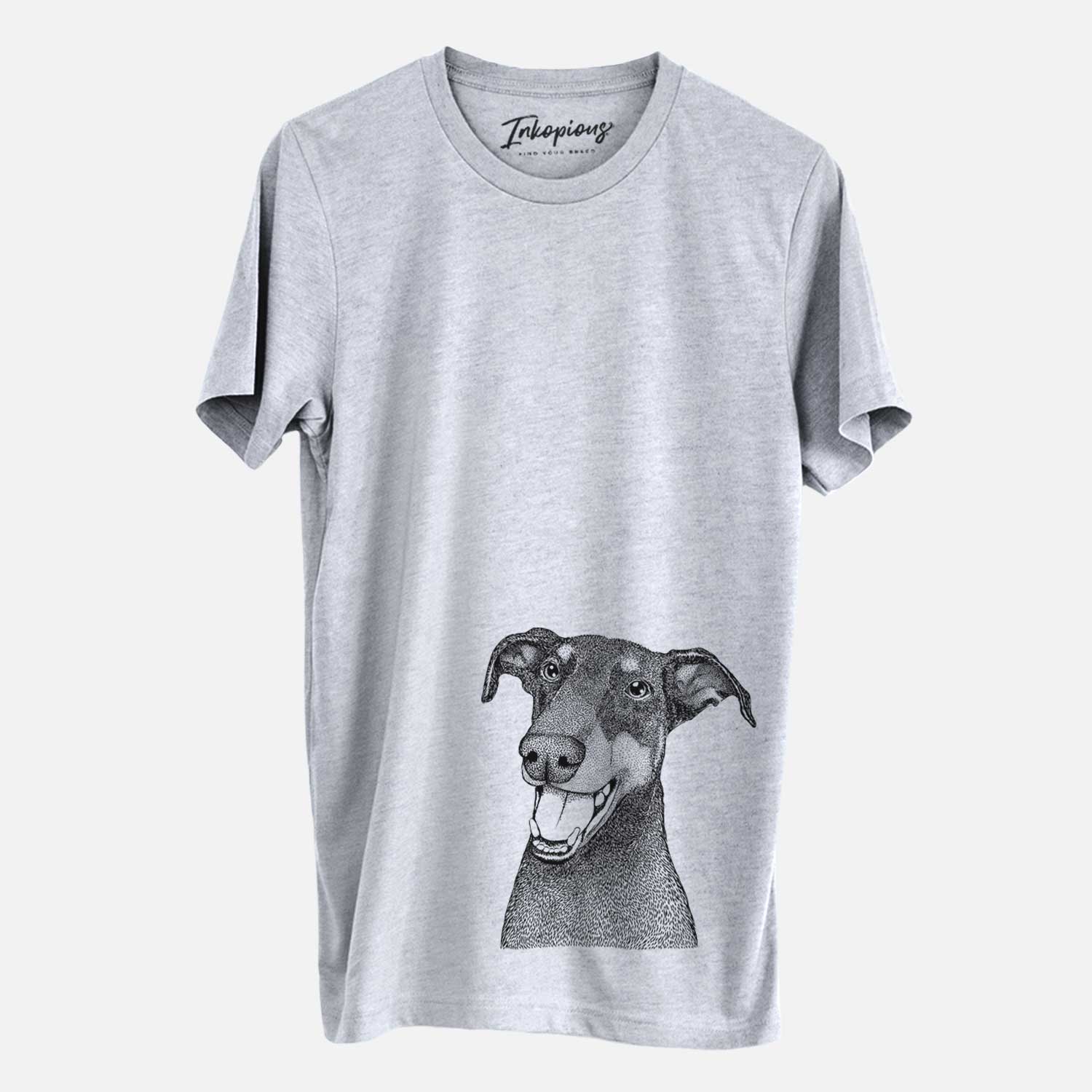 Hand-drawn sketch of Bunnie the Doberman Pinscher on a Grey Unisex crewneck