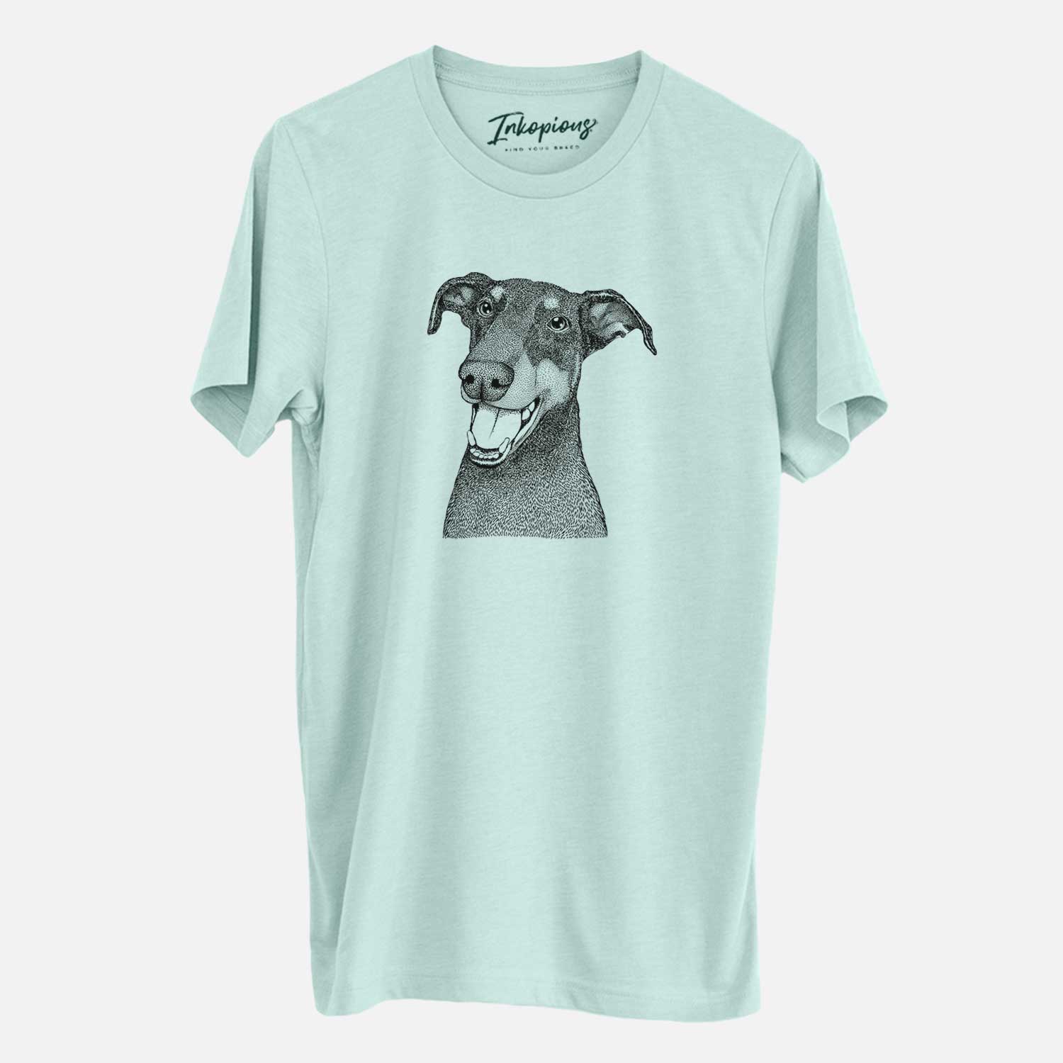 Hand-drawn sketch of Bunnie the Doberman Pinscher on a Heather Sage Unisex crewneck