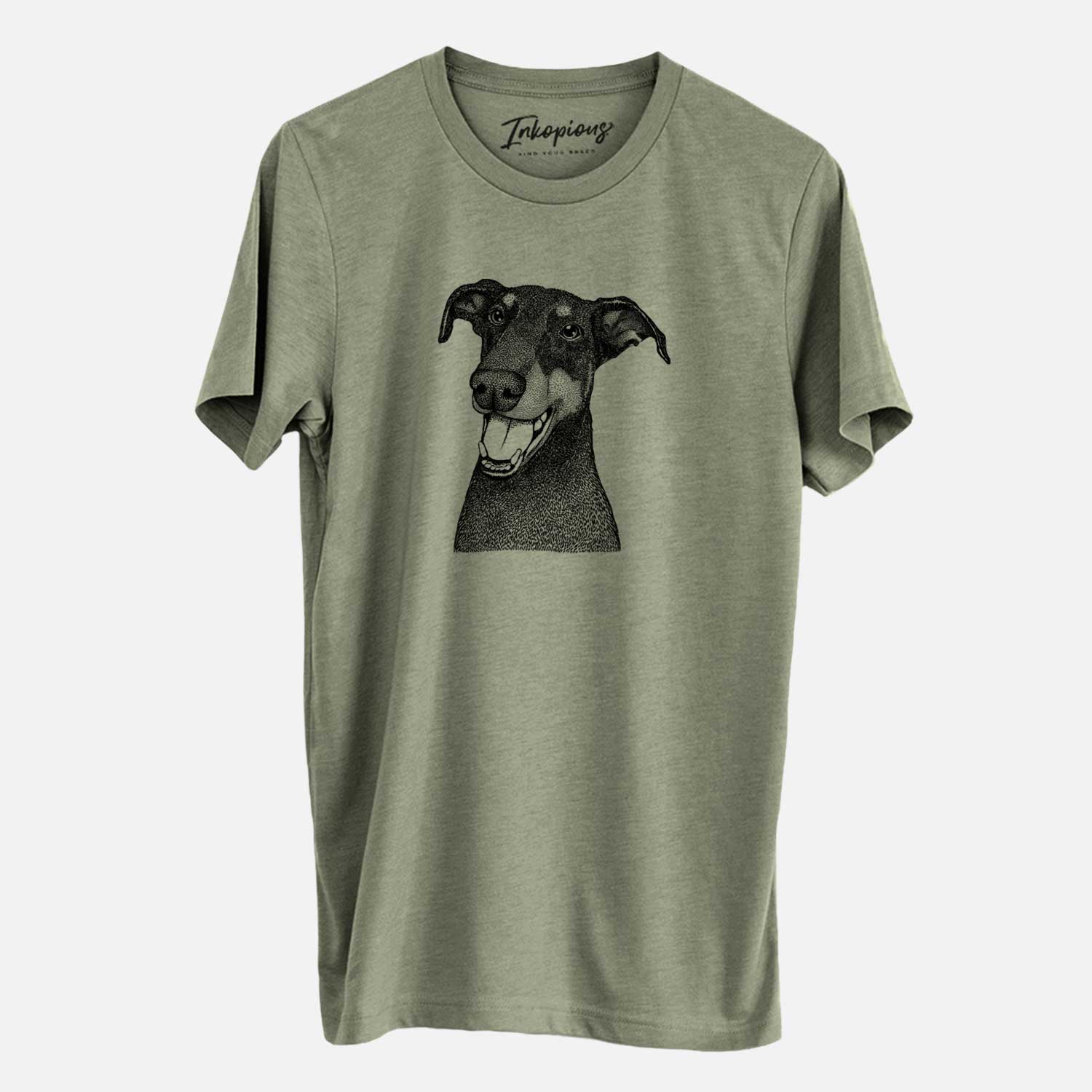 Hand-drawn sketch of Bunnie the Doberman Pinscher on an Olive Unisex crewneck