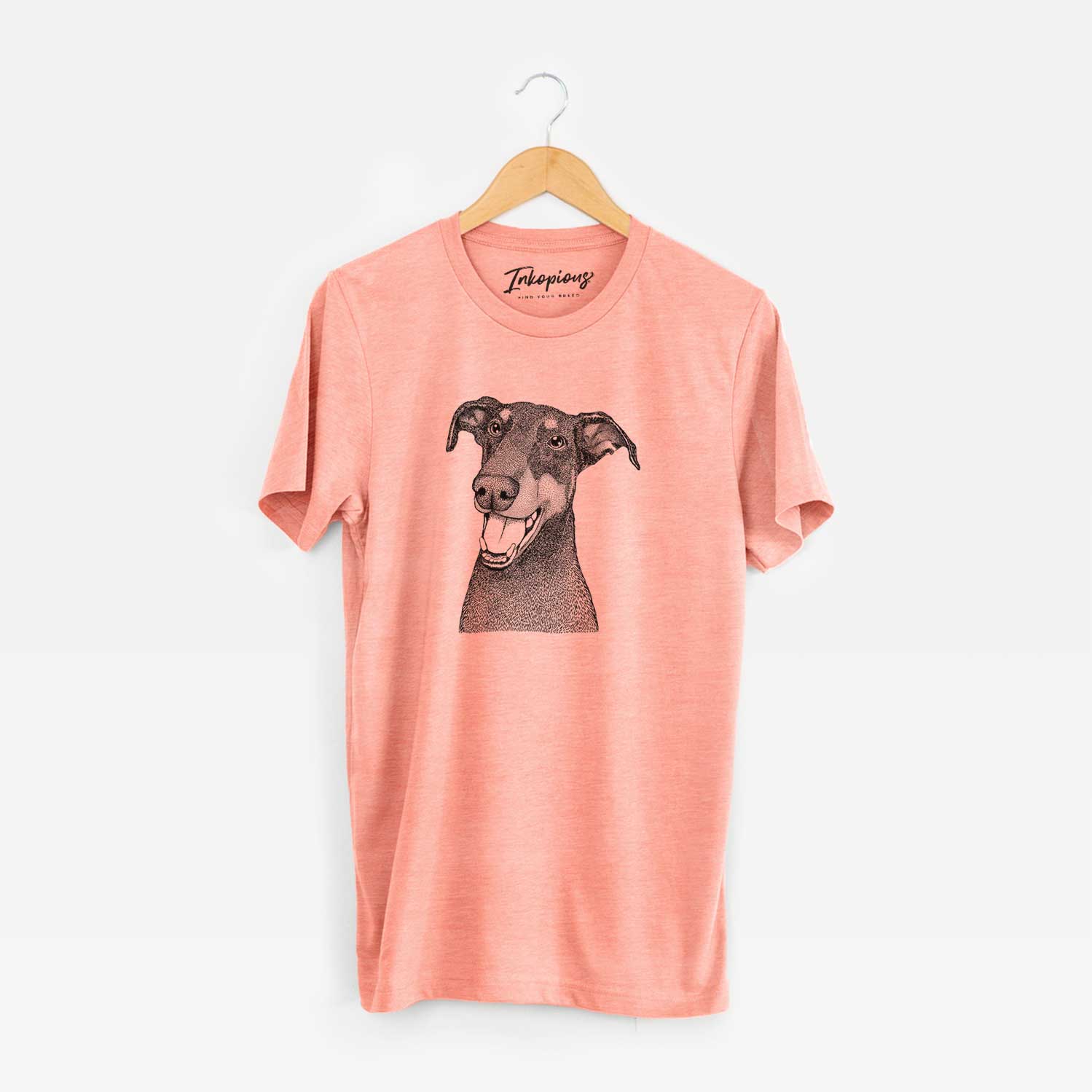 Hand-drawn sketch of Bunnie the Doberman Pinscher on a Sunset Unisex crewneck