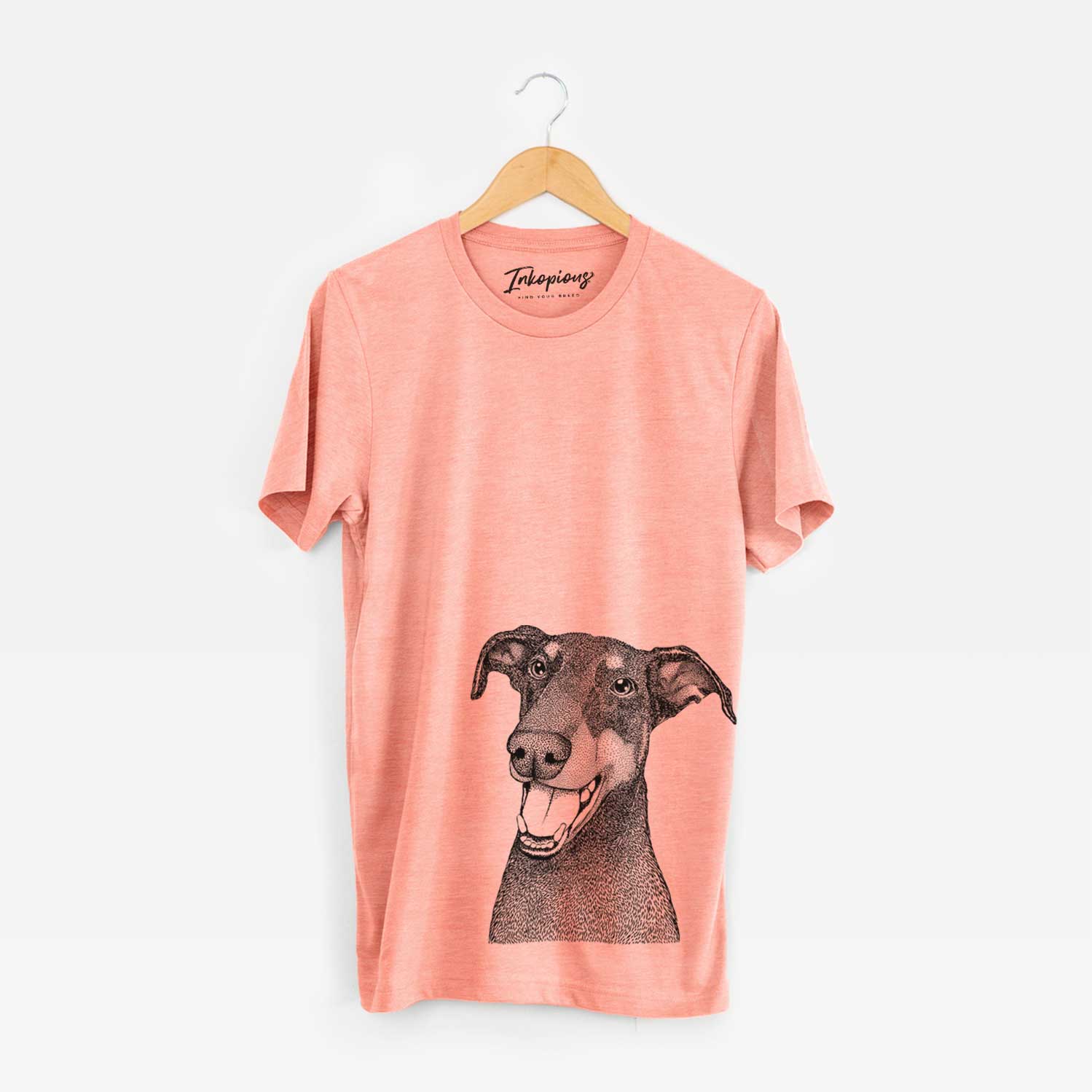 Hand-drawn sketch of Bunnie the Doberman Pinscher on a Sunset Unisex crewneck