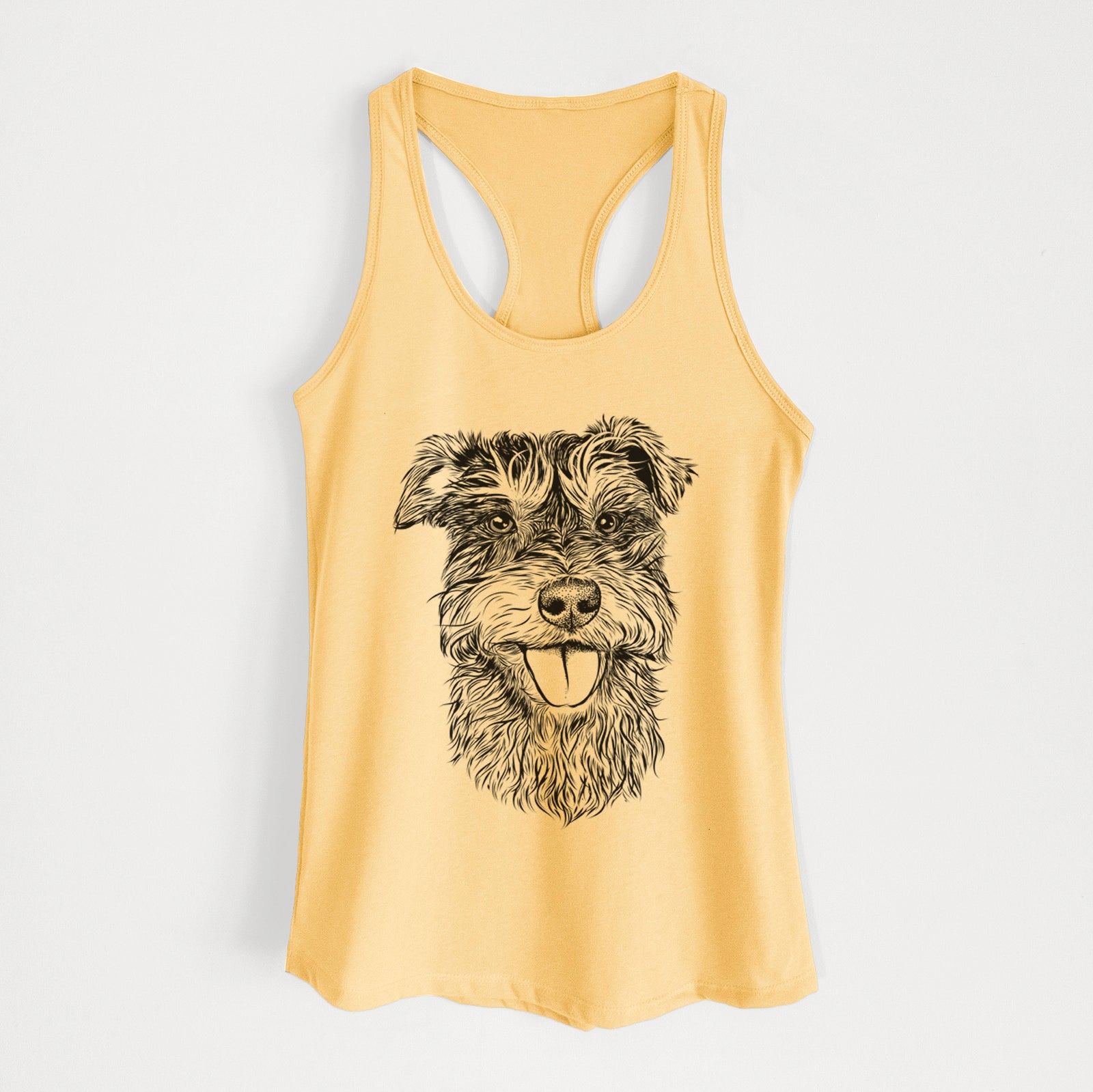 Hand-drawn sketch of Buster the Schnoodle on a Banana Cream Women's racerback tanktop