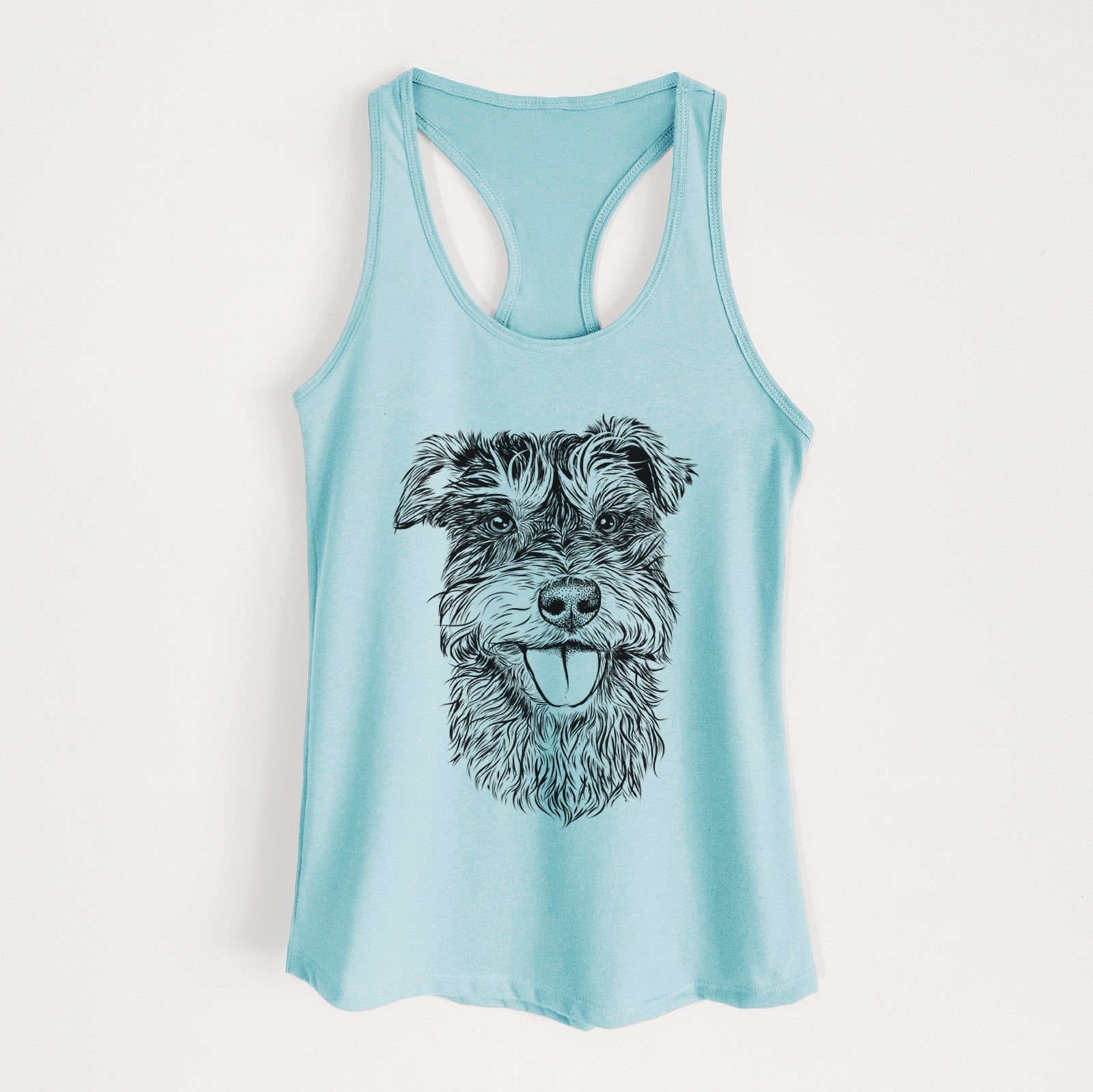 Hand-drawn sketch of Buster the Schnoodle on a Cancun Blue Women's racerback tanktop