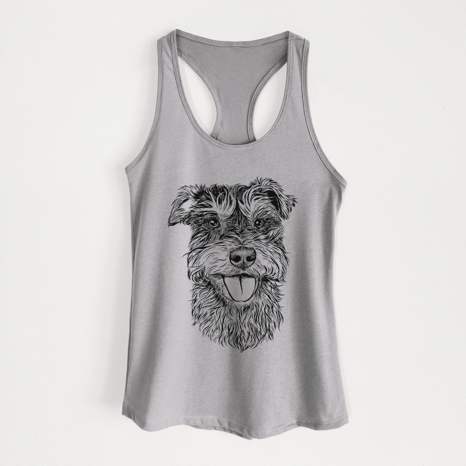 Hand-drawn sketch of Buster the Schnoodle on a Heather Grey Women's racerback tanktop