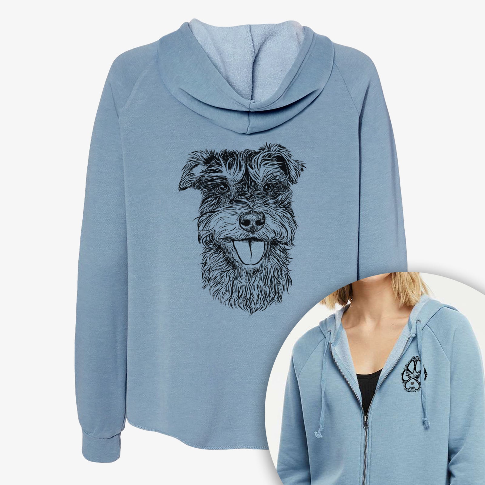 Hand-drawn sketch of Buster the Schnoodle on a Women's cali wave zip-up sweatshirt, shown with icons of the other available costume styles