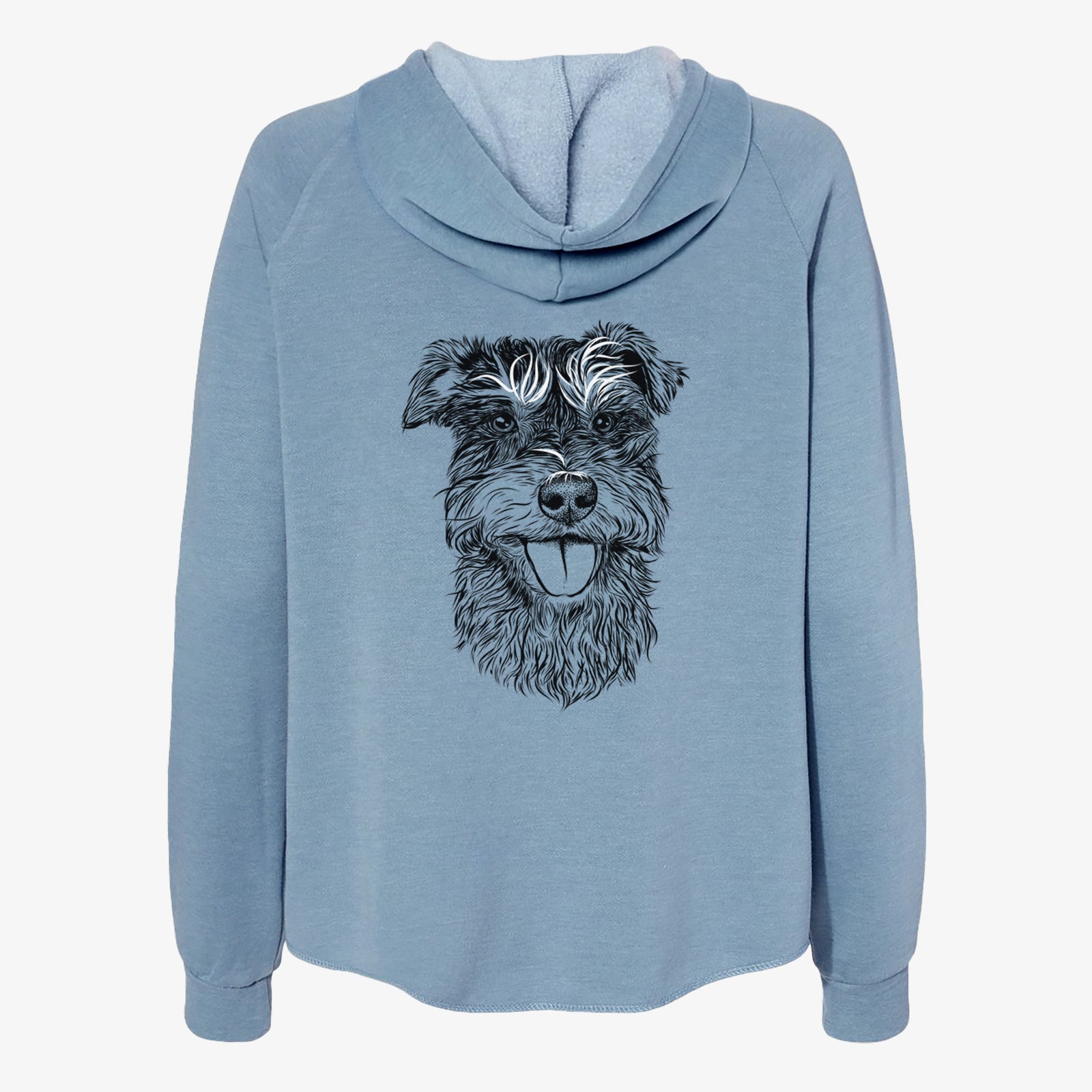 Hand-drawn sketch of Buster the Schnoodle on a Misty Blue Women's cali wave zip-up sweatshirt