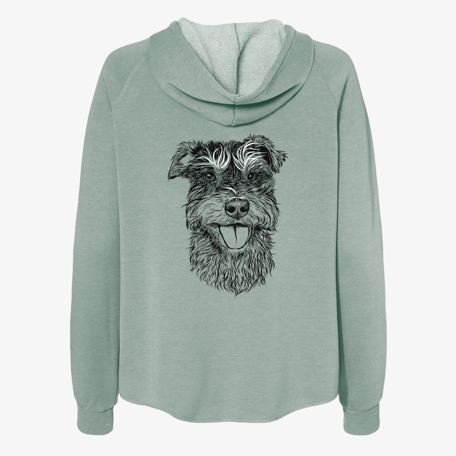 Hand-drawn sketch of Buster the Schnoodle on a Sage Women's cali wave zip-up sweatshirt