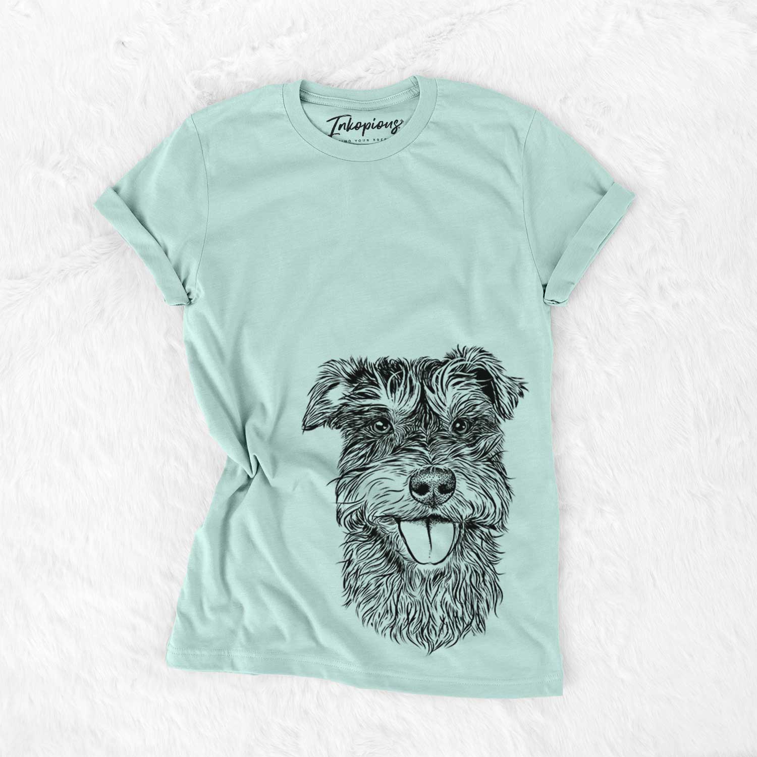 Hand-drawn sketch of Buster the Schnoodle on a Heather Sage Bella Canvas Unisex Crewneck