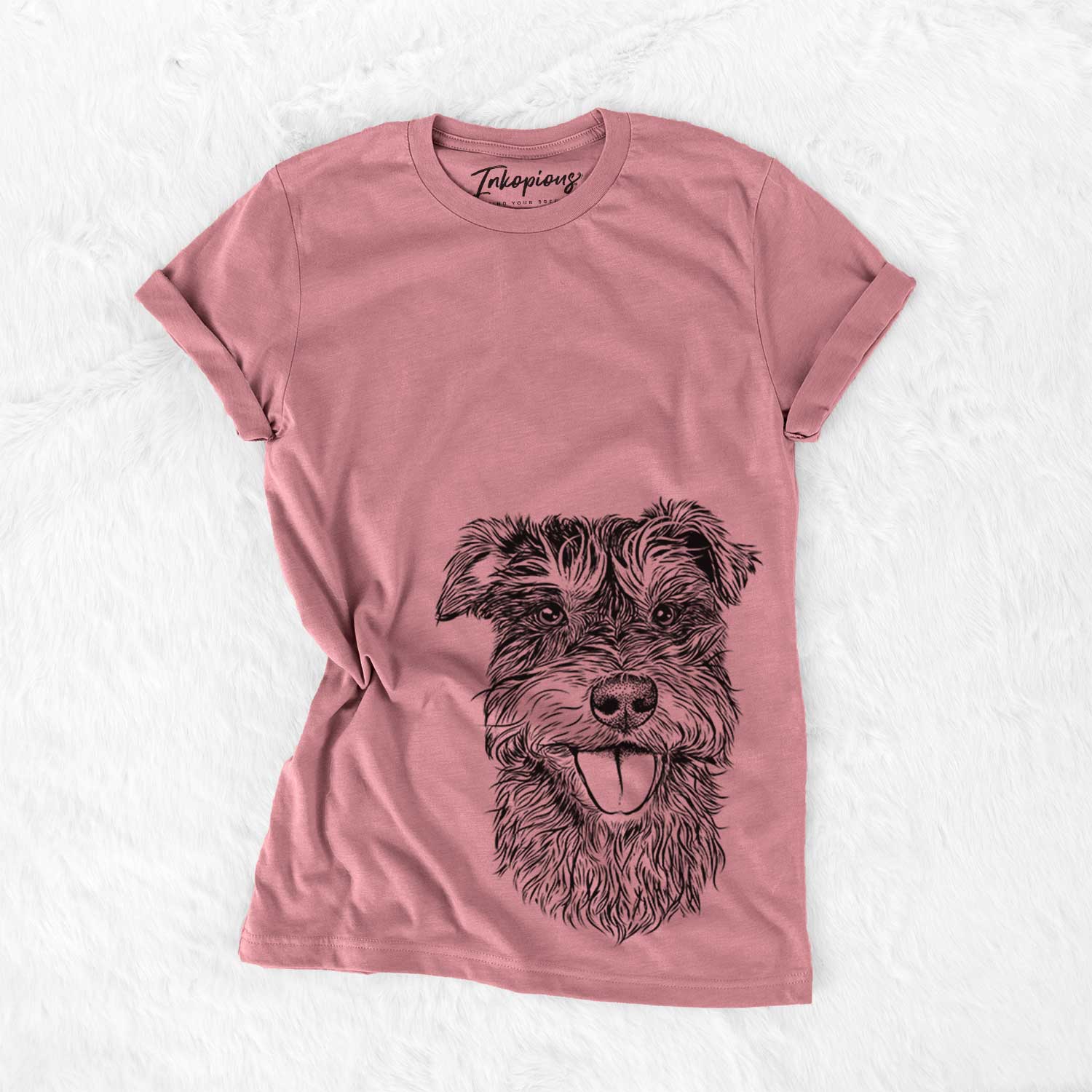 Hand-drawn sketch of Buster the Schnoodle on a Mauve Bella Canvas Unisex Crewneck