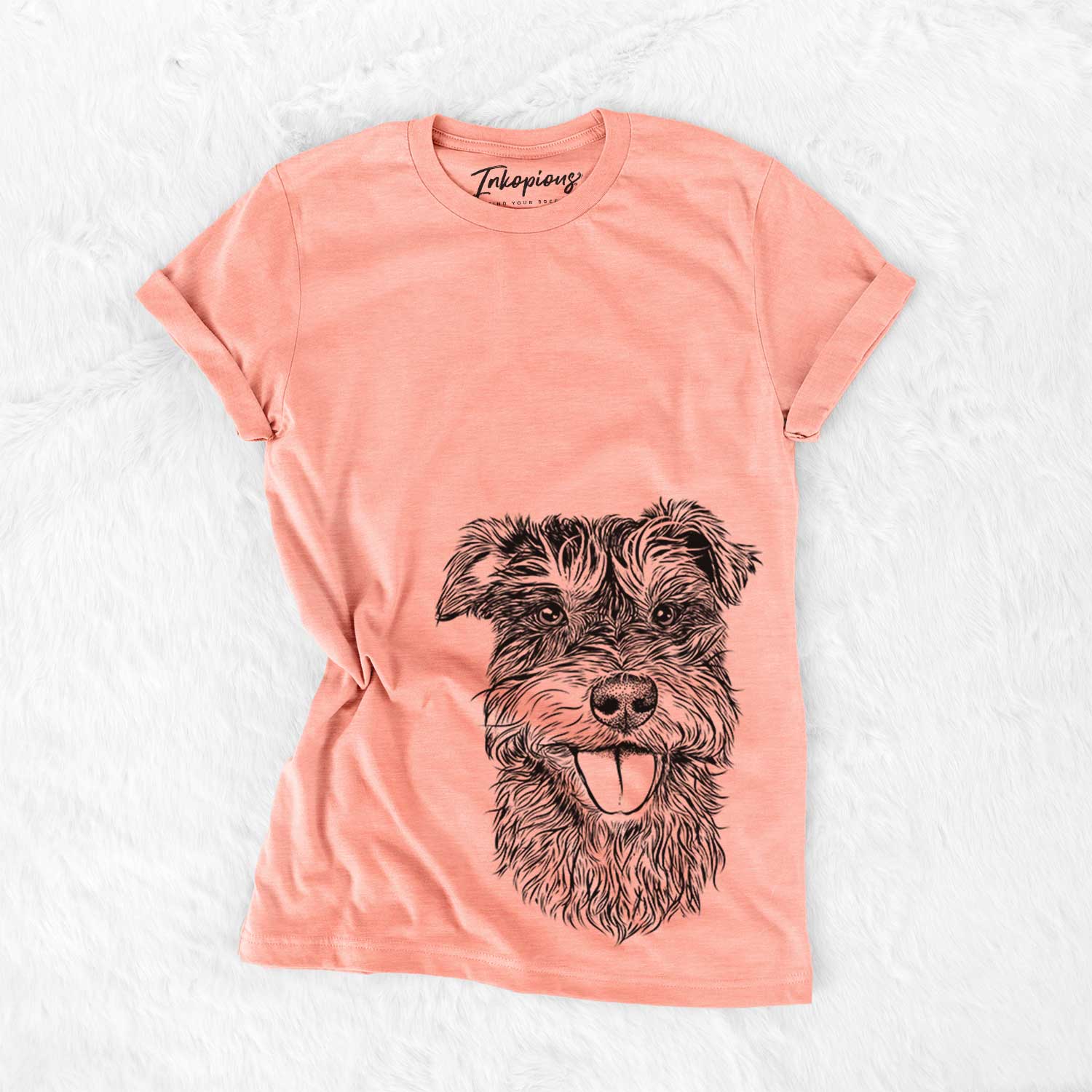 Hand-drawn sketch of Buster the Schnoodle on a Sunset Bella Canvas Unisex Crewneck