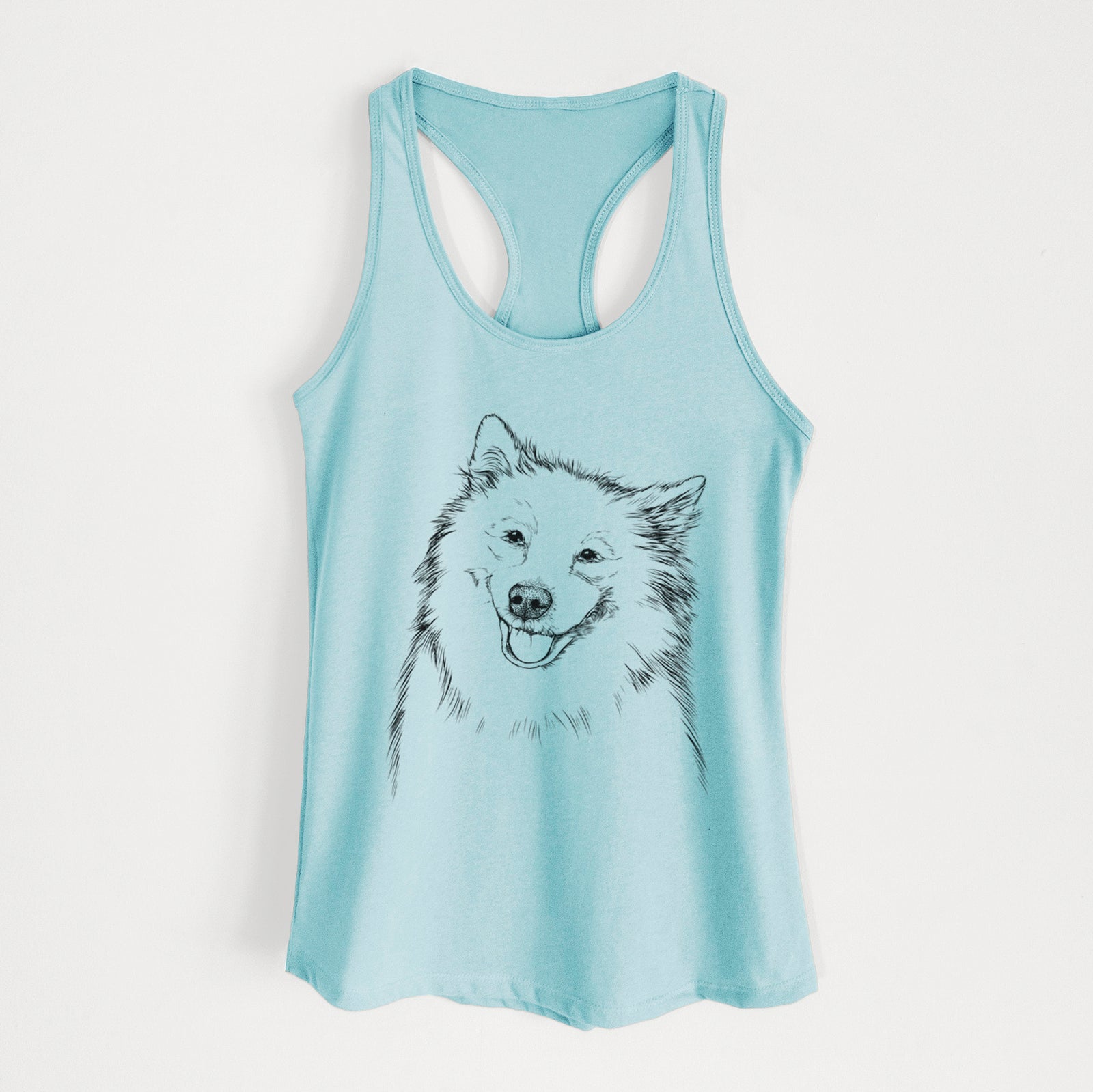 Hand-drawn sketch of Caico the Samoyed on a Cancun Blue Women's racerback tanktop
