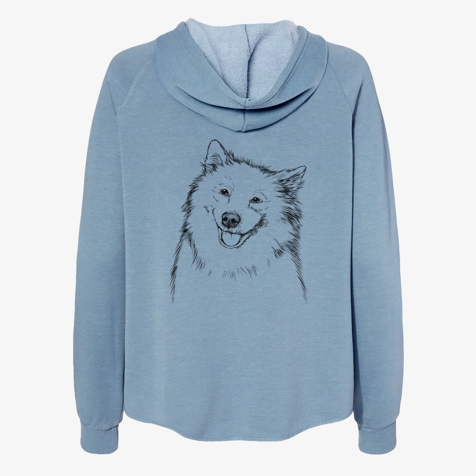 Hand-drawn sketch of Caico the Samoyed on a Misty Blue Women's cali wave zip-up sweatshirt