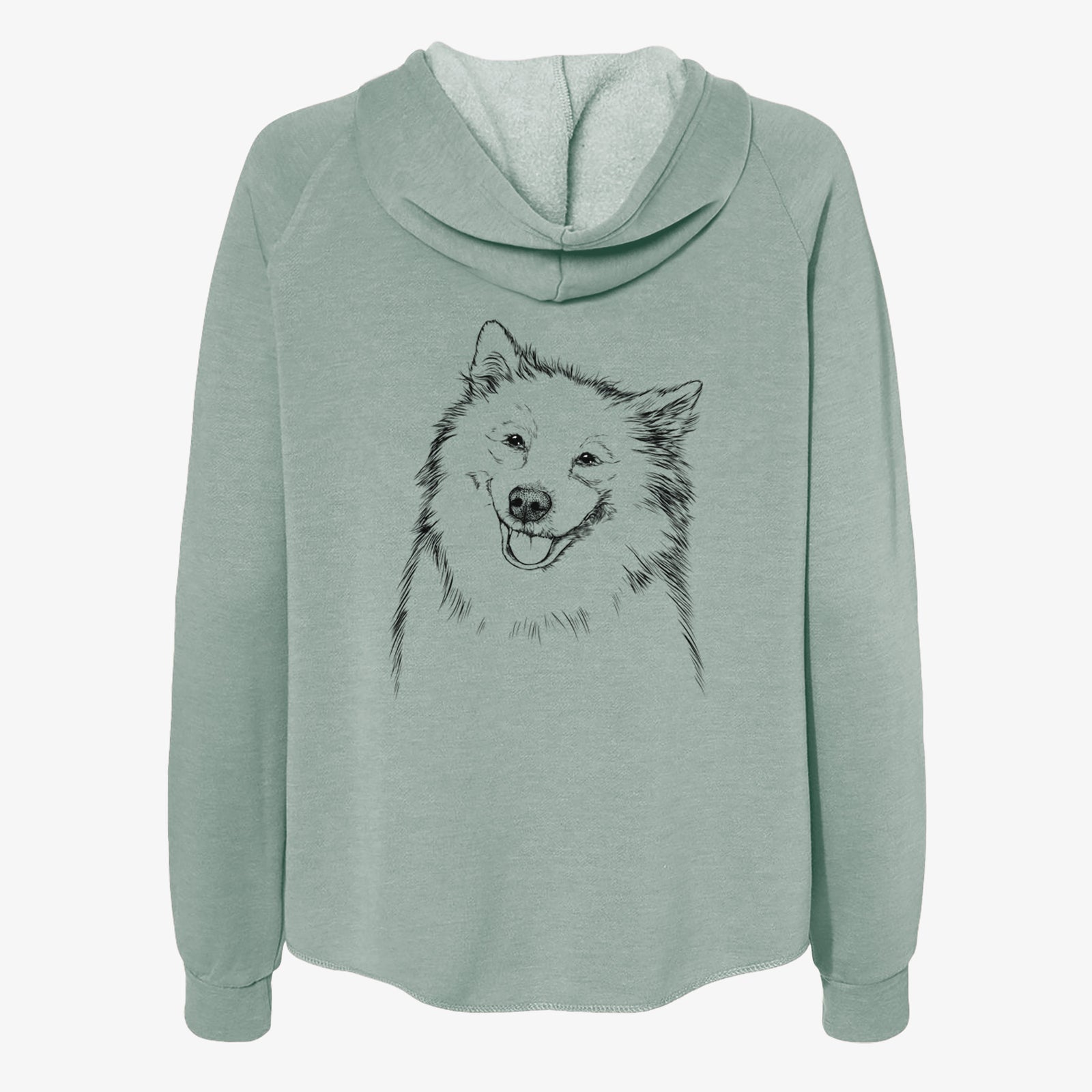 Hand-drawn sketch of Caico the Samoyed on a Sage Women's cali wave zip-up sweatshirt