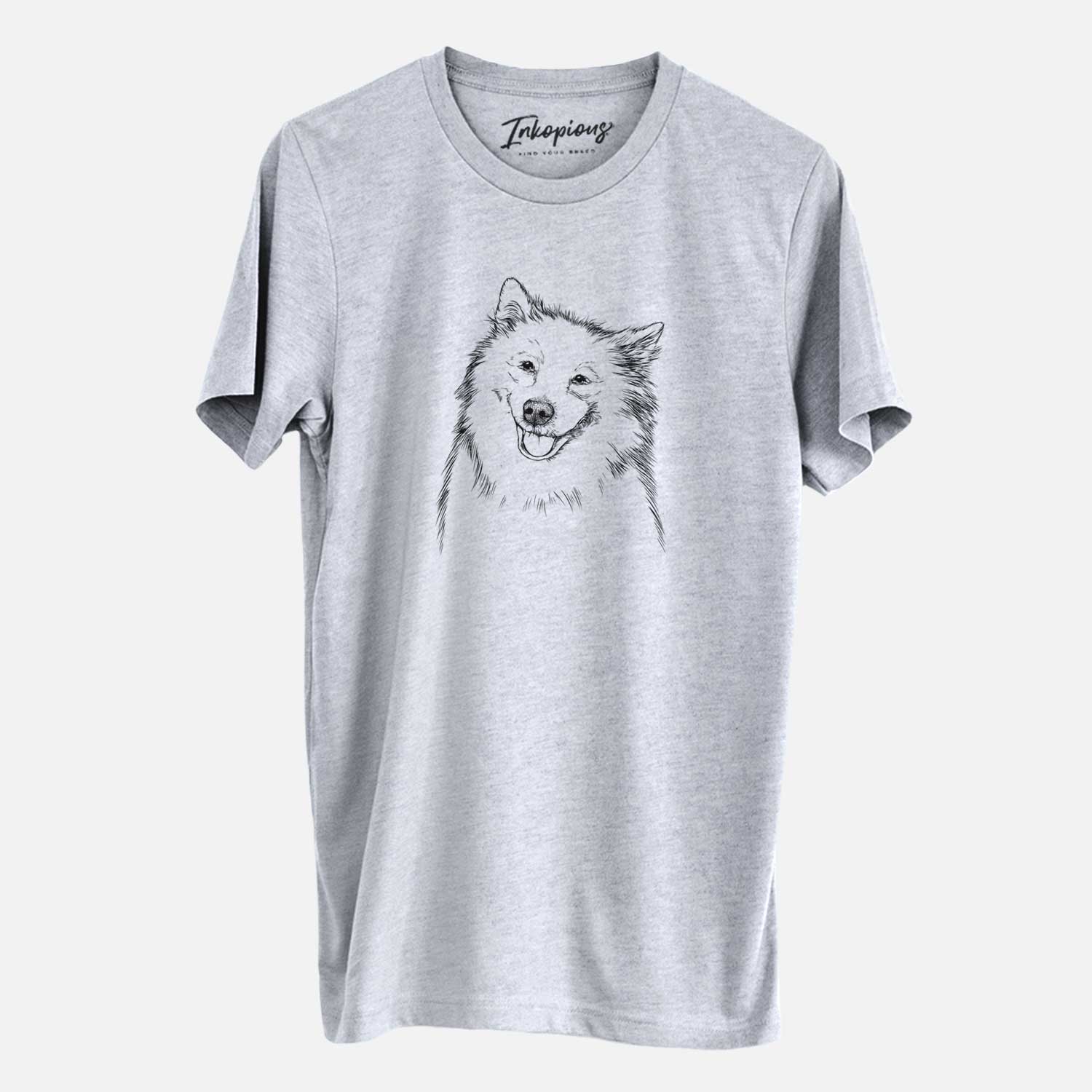 Hand-drawn sketch of Caico the Samoyed on a Grey Unisex crewneck