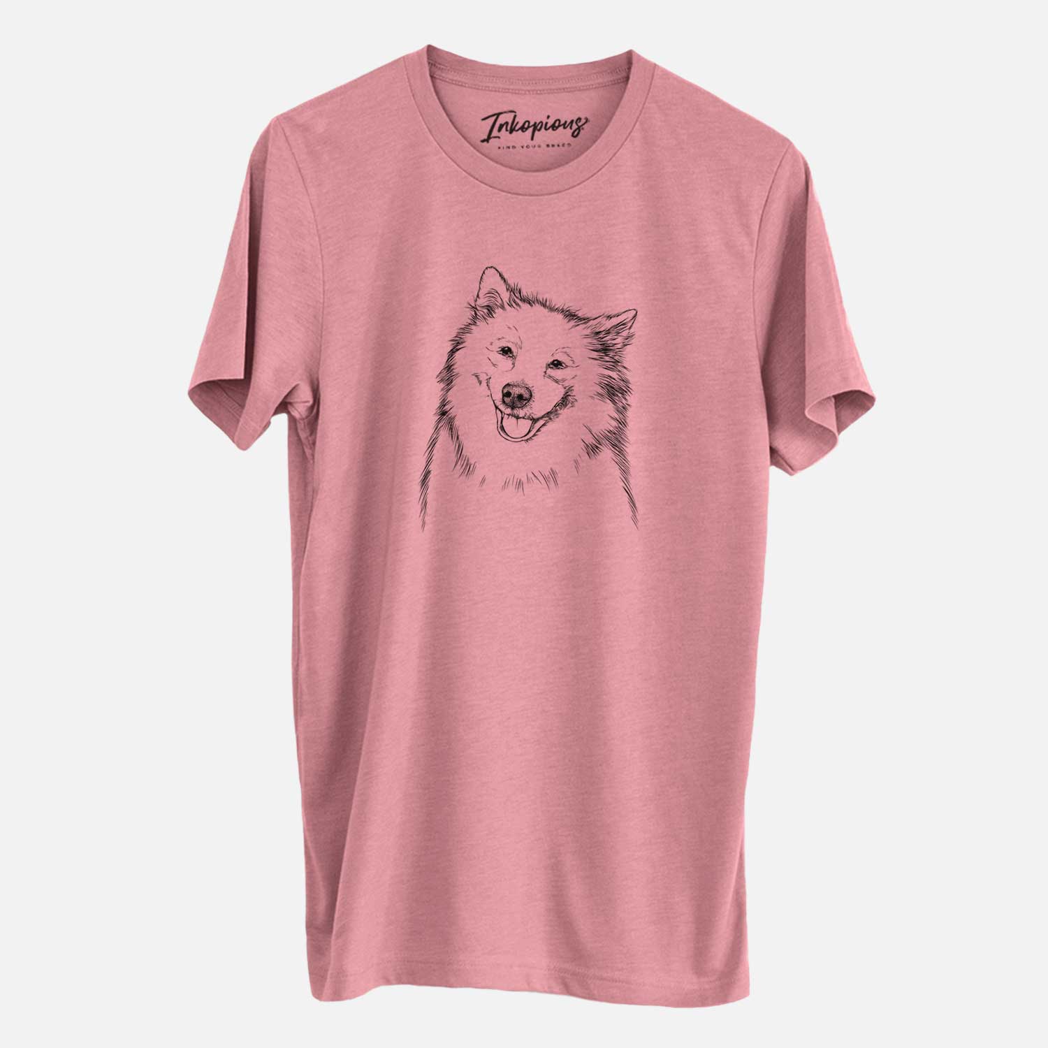 Hand-drawn sketch of Caico the Samoyed on a Mauve Unisex crewneck