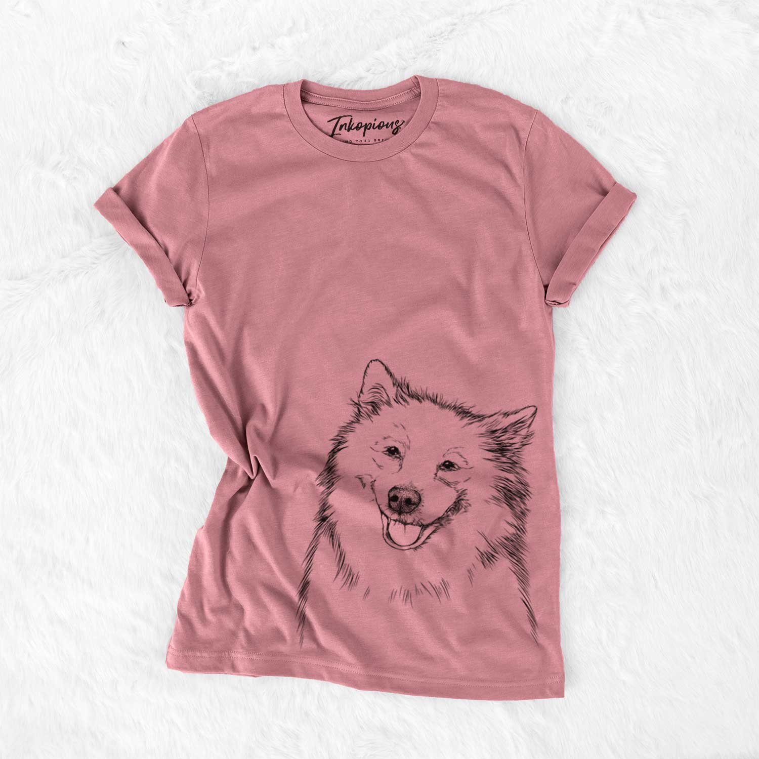 Hand-drawn sketch of Caico the Samoyed on a Mauve Unisex crewneck