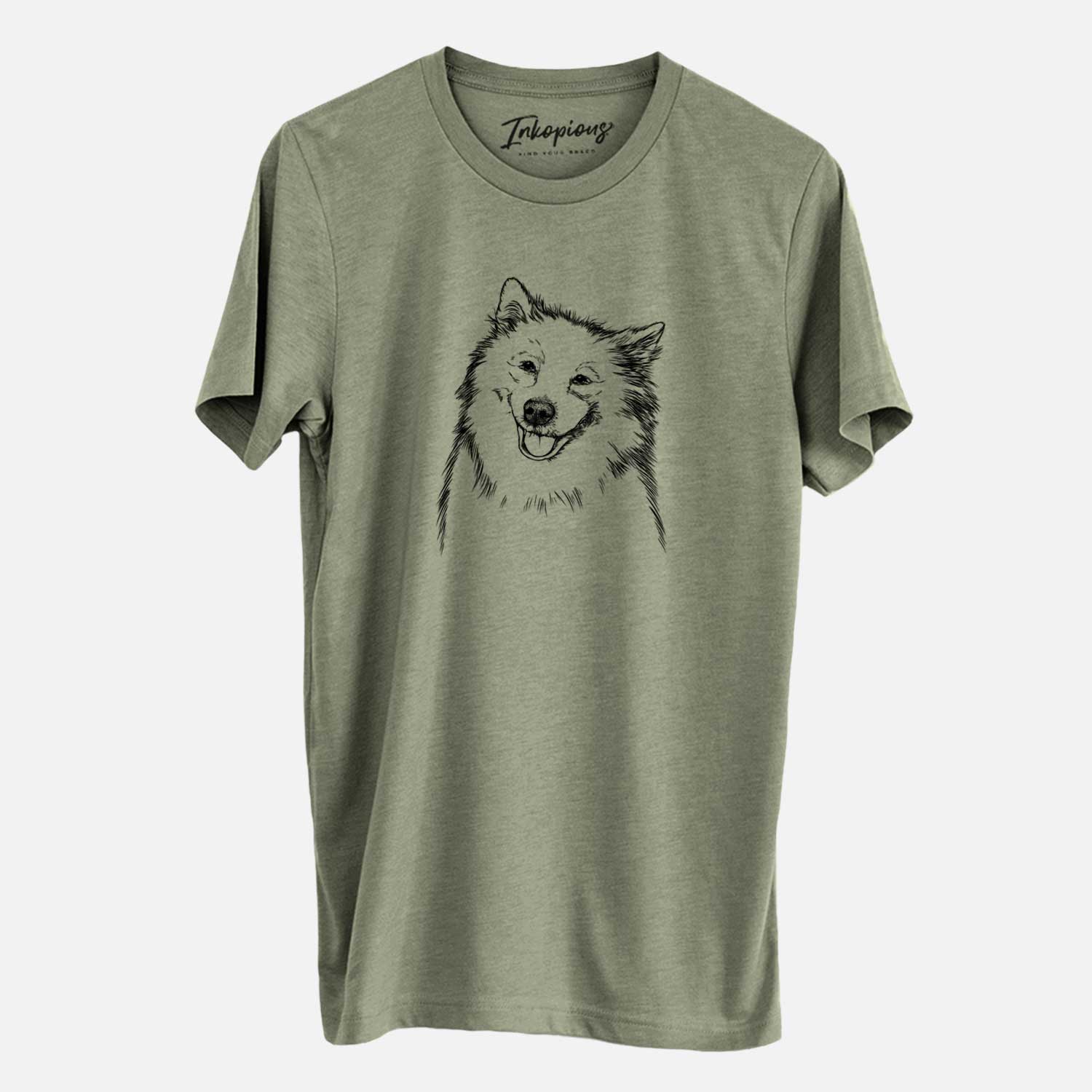 Hand-drawn sketch of Caico the Samoyed on an Olive Unisex crewneck